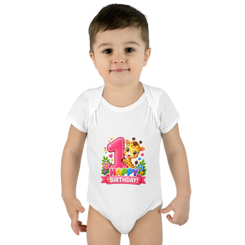 1st Birthday Baby Bodysuit - Happy Birthday Giraffe Onesie