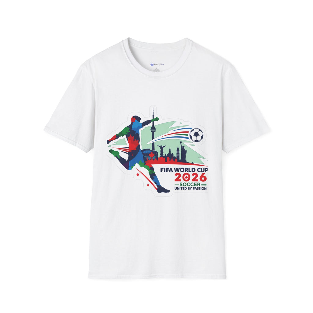Soccer Cup 2026 T-Shirt — Colorful Player Silhouette with Stadium Skyline