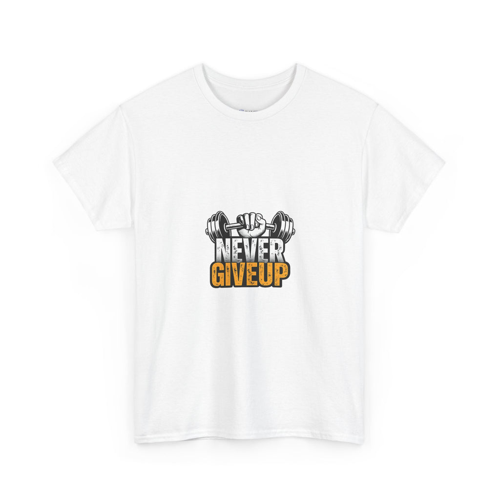 Never Give Up Fitness T-Shirt — Motivational Gym Tee with Dumbbell Graphic