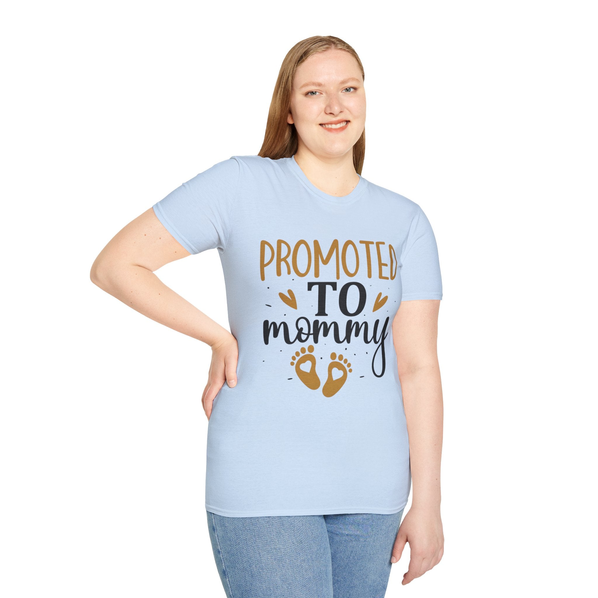 Promoted to Mommy T-Shirt — Pregnancy Announcement Tee with Gold Hearts & Baby Footprints