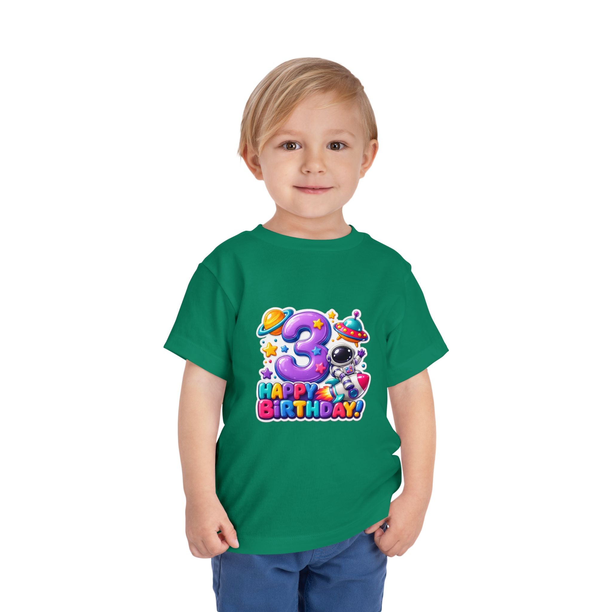 3rd Birthday Toddler Tee — Space Astronaut "Happy Birthday" Shirt