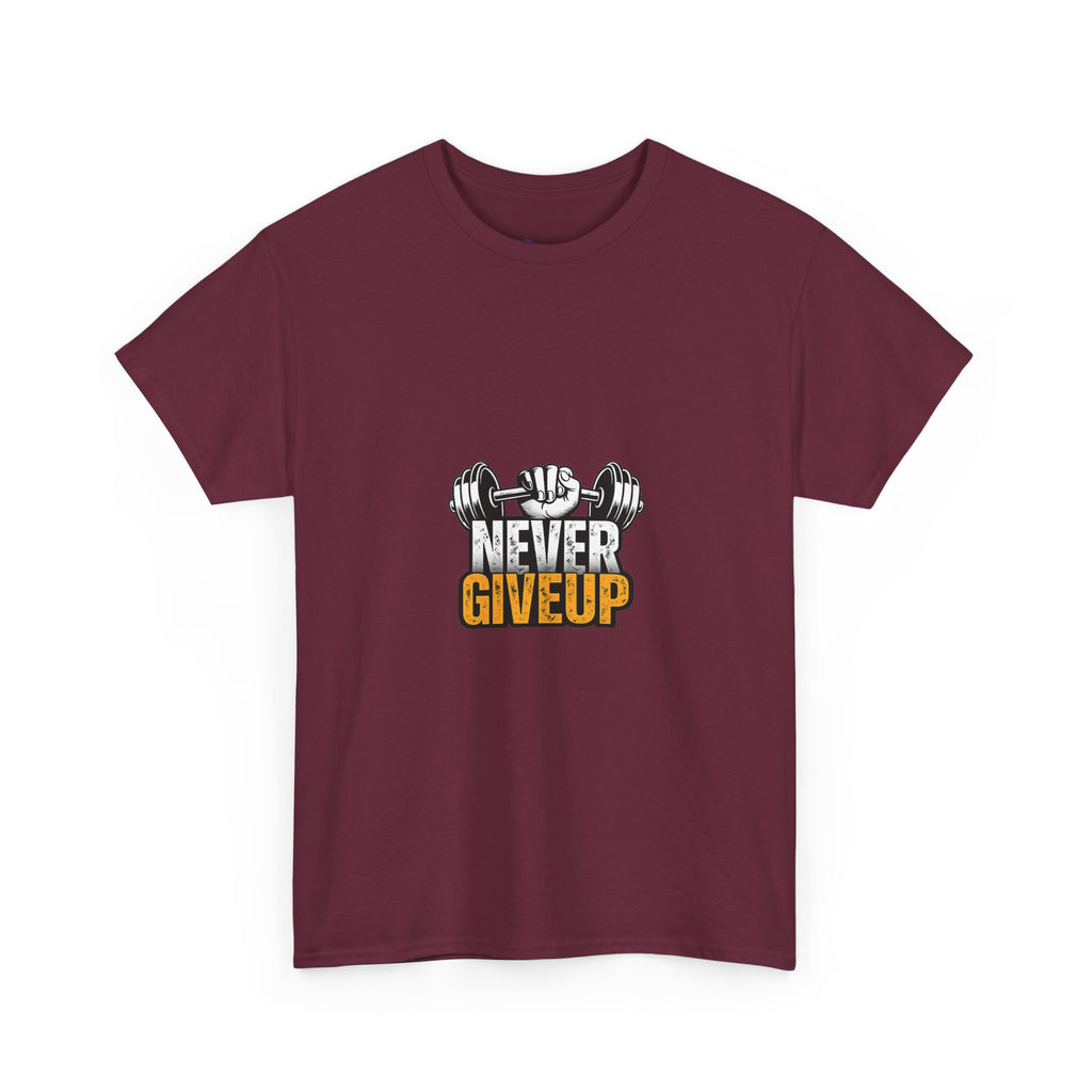 Never Give Up Fitness T-Shirt — Motivational Gym Tee with Dumbbell Graphic