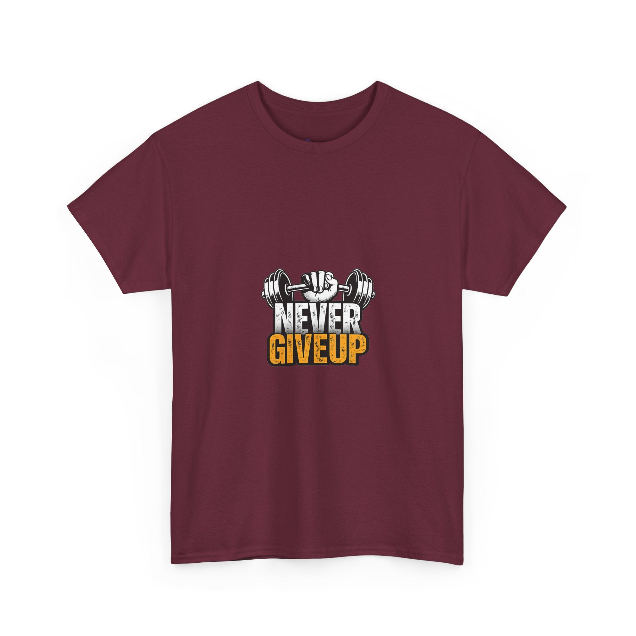 Never Give Up Fitness T-Shirt — Motivational Gym Tee with Dumbbell Graphic