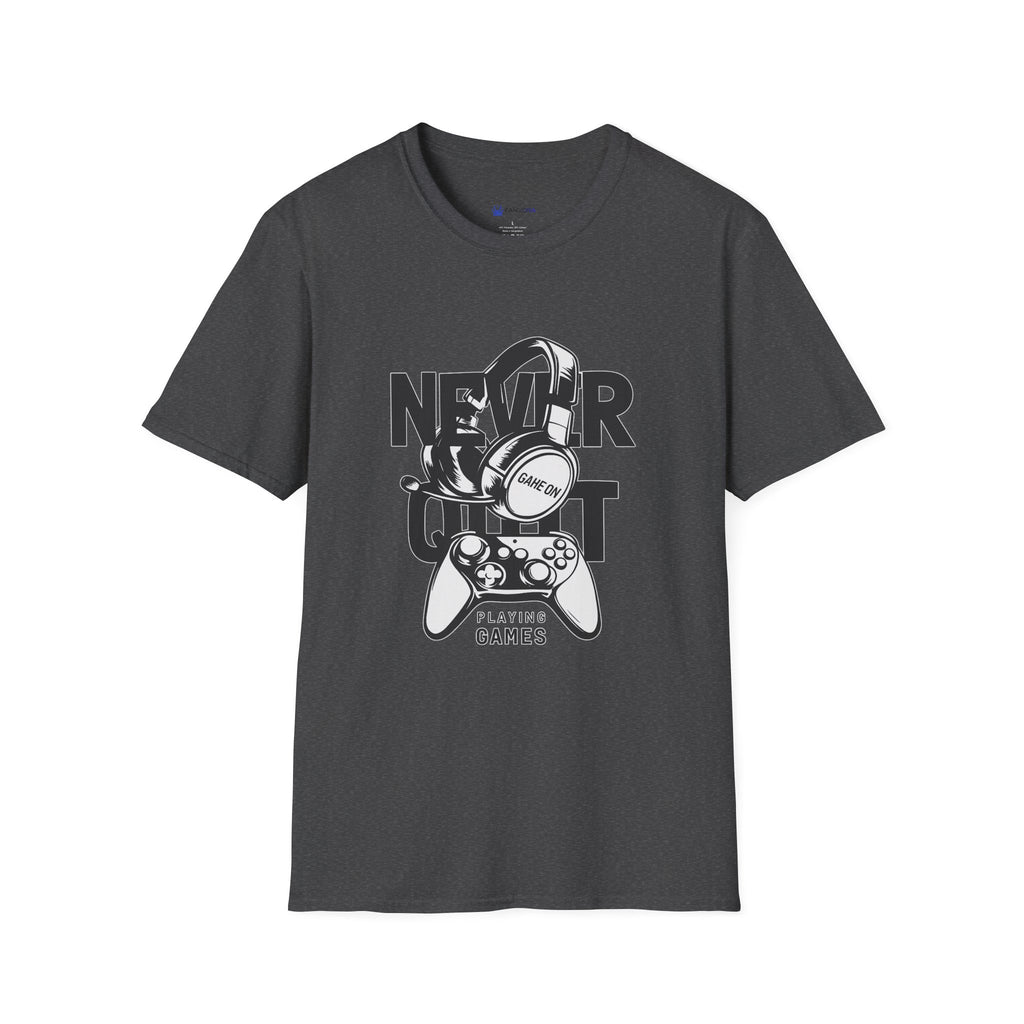 Gamer 'Never Quit' T-Shirt — Headphones & Controller Retro Gaming Tee