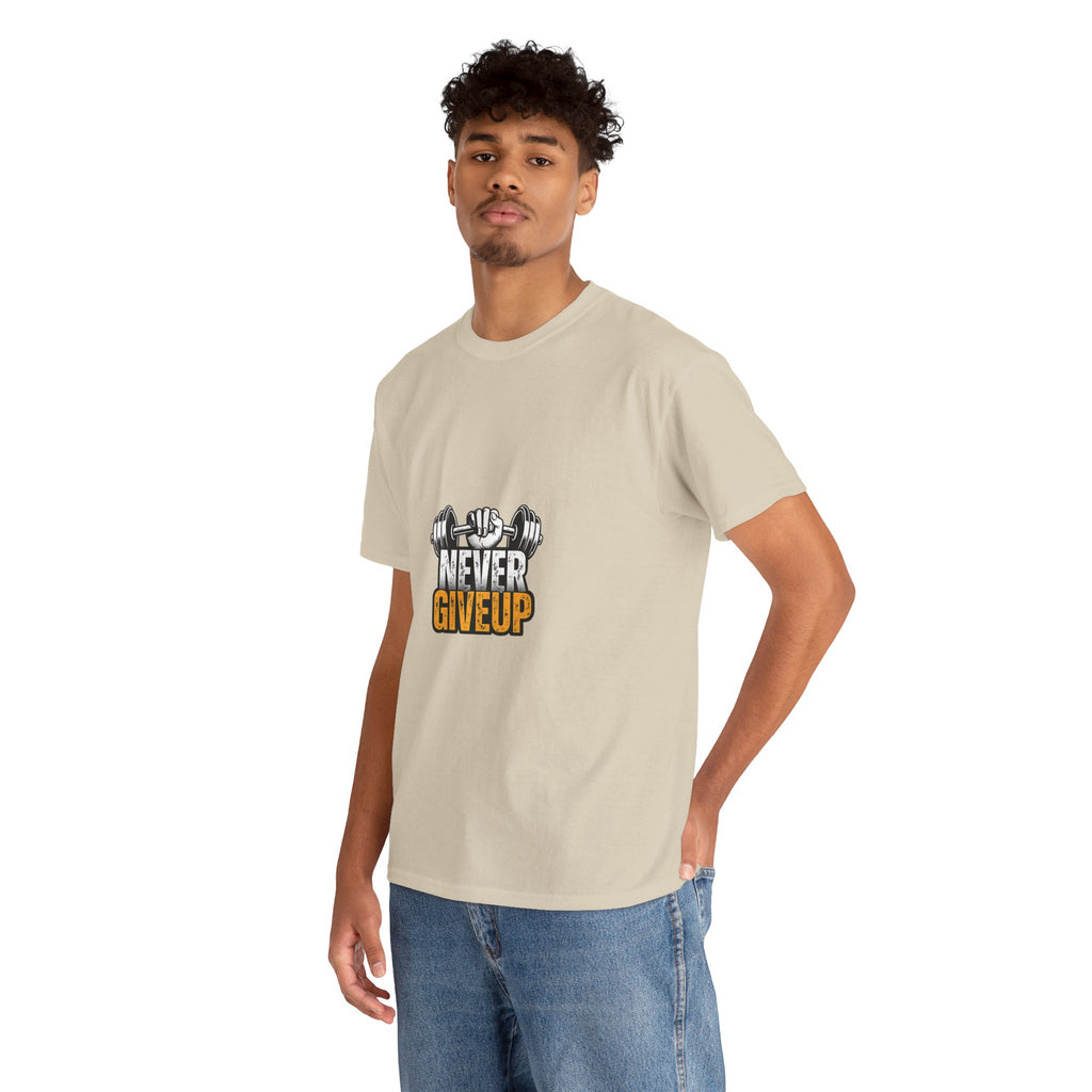 Never Give Up Fitness T-Shirt — Motivational Gym Tee with Dumbbell Graphic