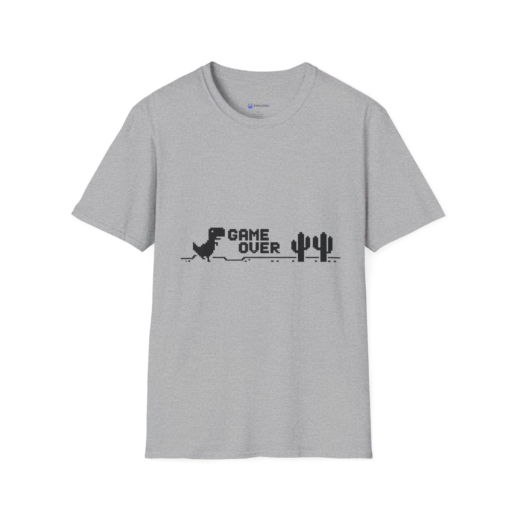 T-Shirt — "Game Over" Dino Pixel Tee (Retro Dinosaur Side-Scroller Design)