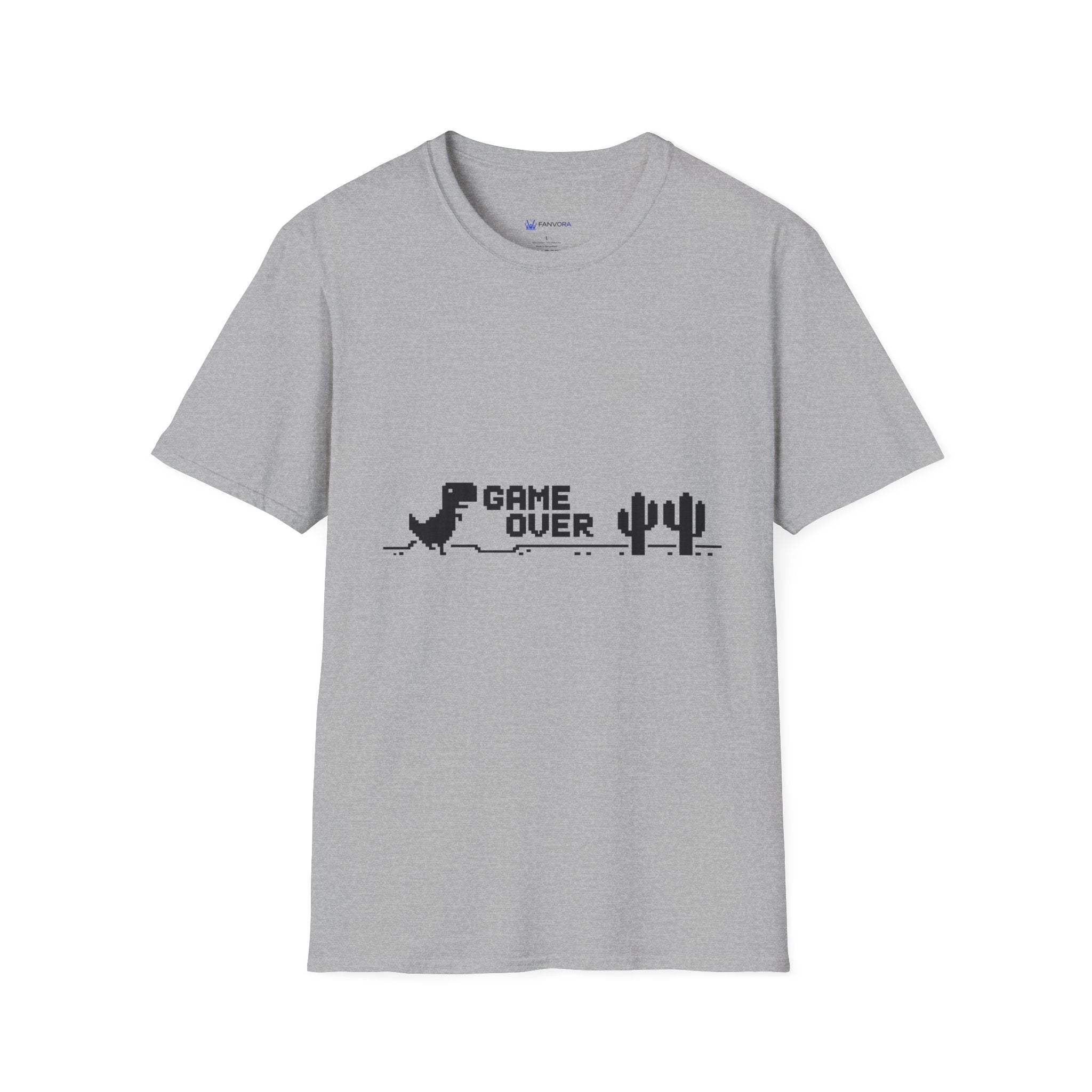 T-Shirt — "Game Over" Dino Pixel Tee (Retro Dinosaur Side-Scroller Design)