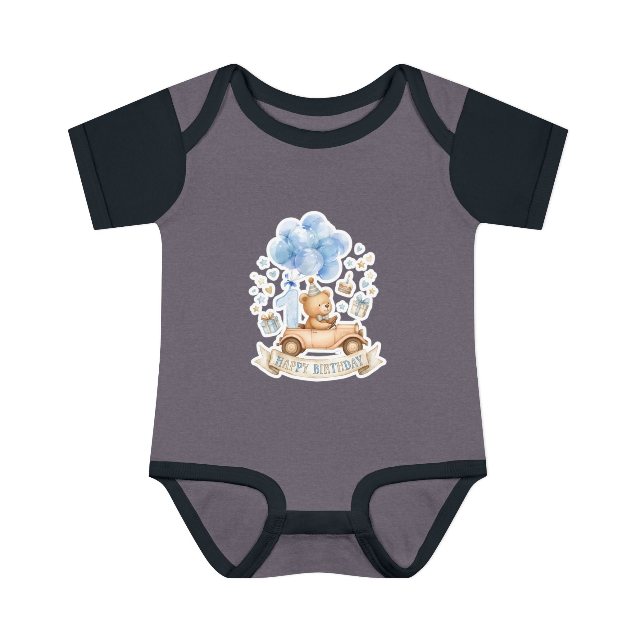 Baby Bodysuit - Blue Teddy Bear with Balloons "Happy Birthday" Infant Onesie