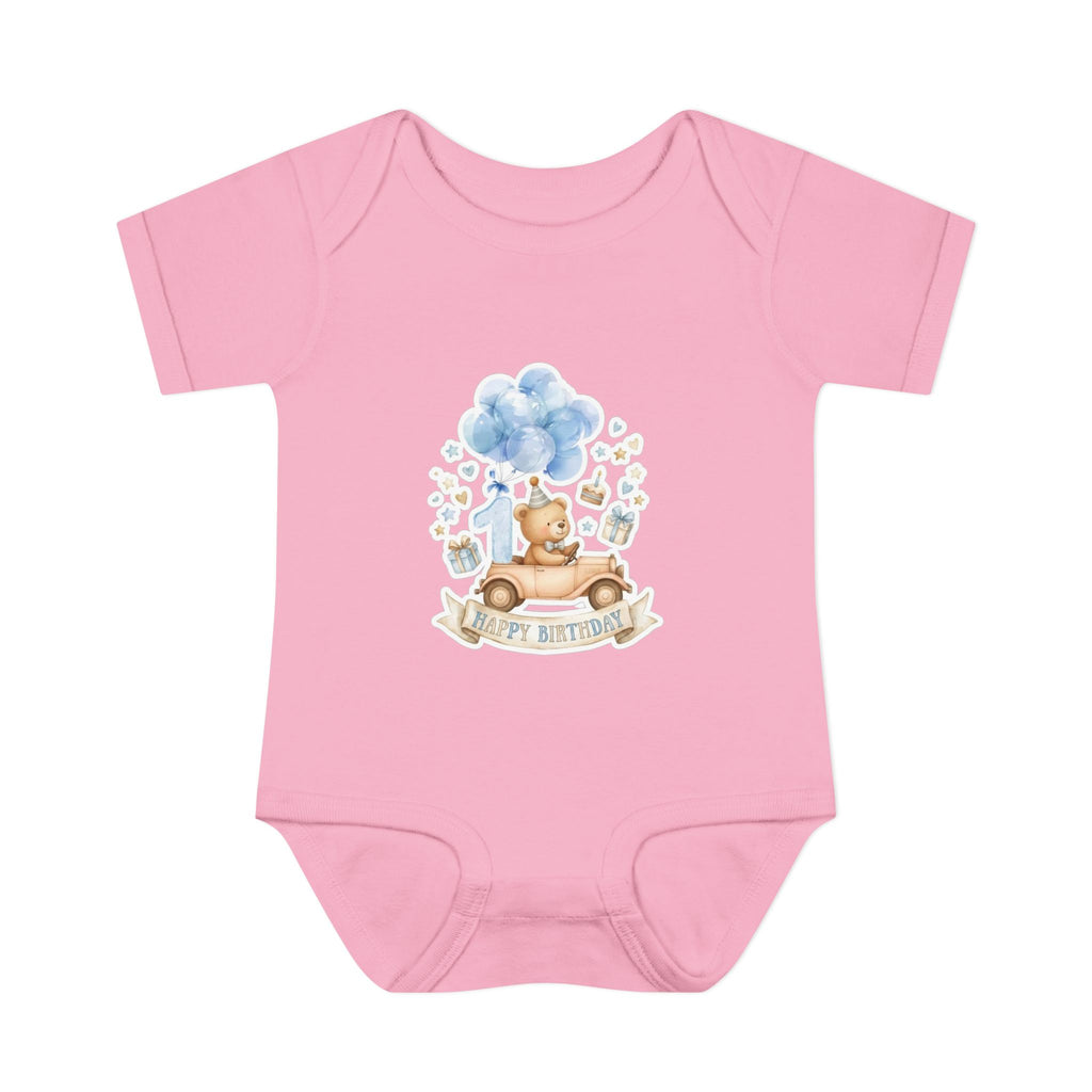 Baby Bodysuit - Blue Teddy Bear with Balloons "Happy Birthday" Infant Onesie
