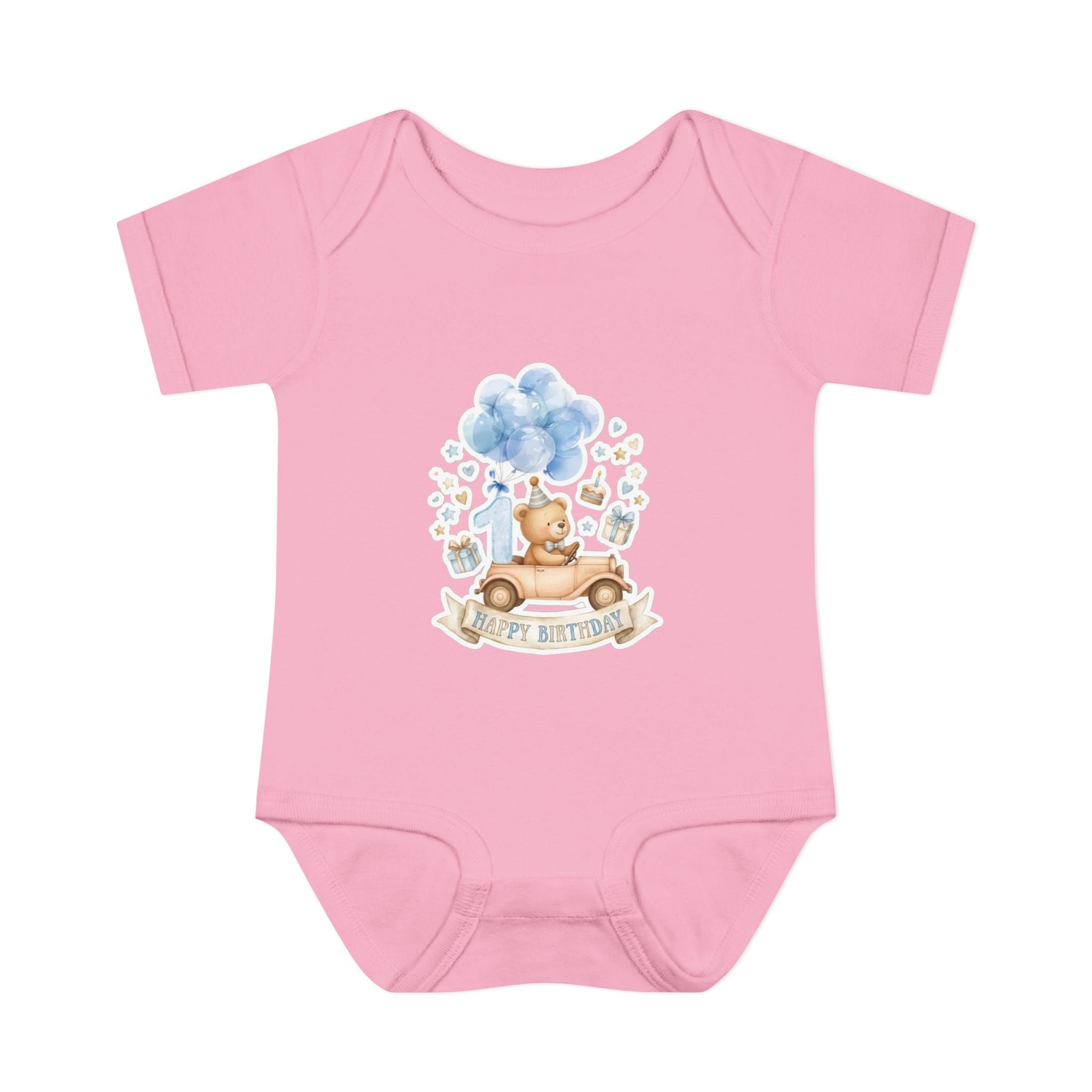 Baby Bodysuit - Blue Teddy Bear with Balloons "Happy Birthday" Infant Onesie