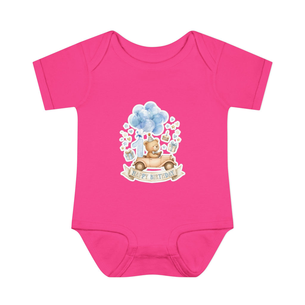 Baby Bodysuit - Blue Teddy Bear with Balloons "Happy Birthday" Infant Onesie