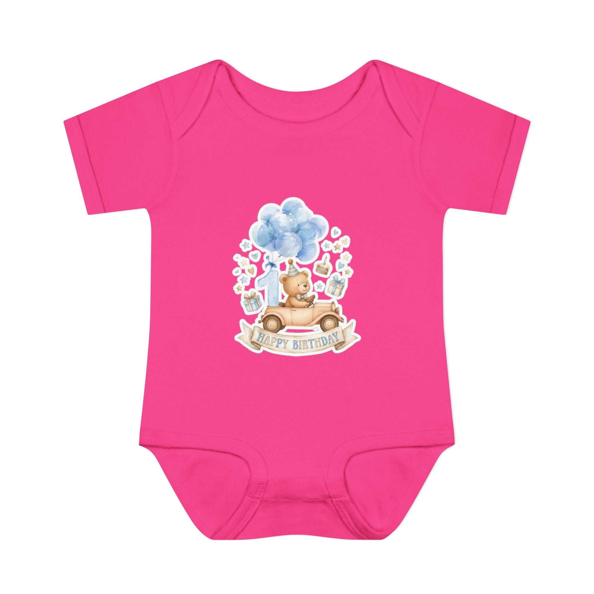 Baby Bodysuit - Blue Teddy Bear with Balloons "Happy Birthday" Infant Onesie