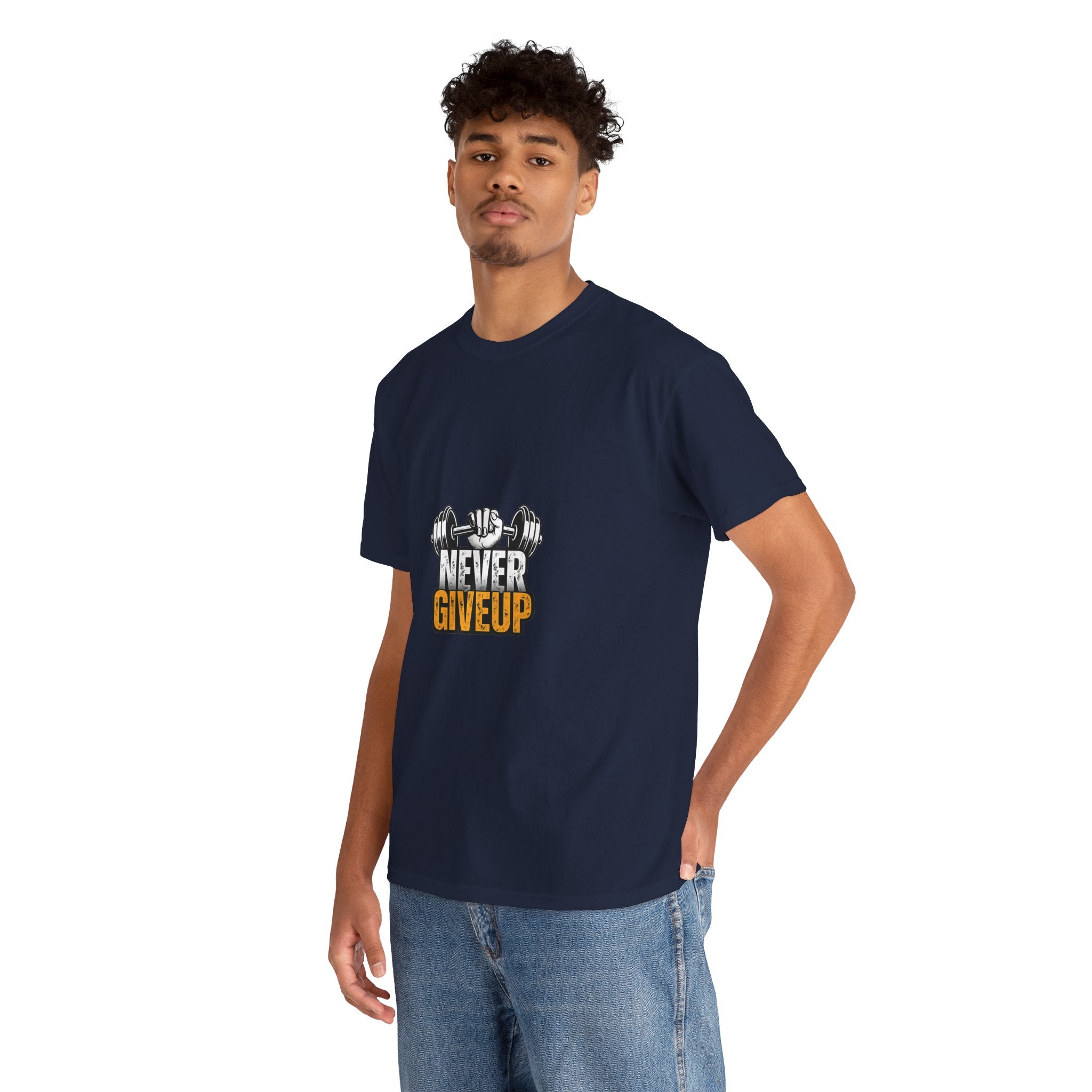 Never Give Up Fitness T-Shirt — Motivational Gym Tee with Dumbbell Graphic