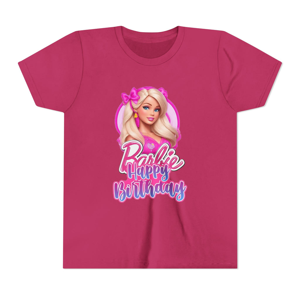 Youth Tee — "Barbie Happy Birthday" Pink Birthday Graphic Shirt