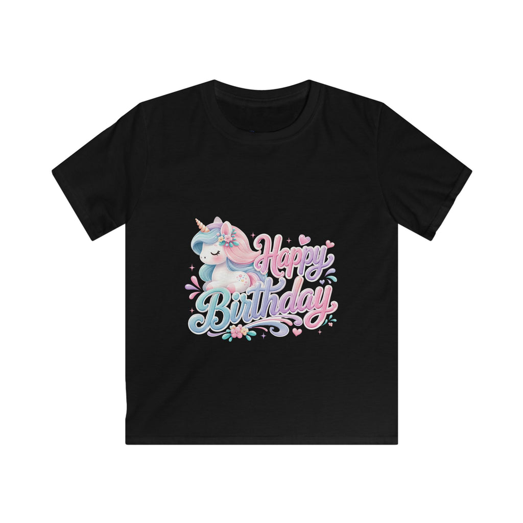 Kids Birthday Tee — Pastel Unicorn "Happy Birthday" Shirt for Girls