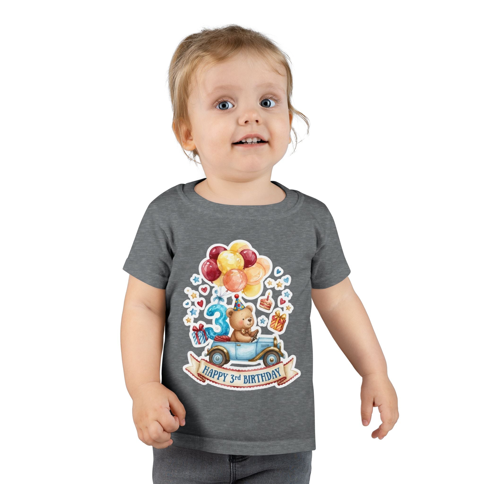 Toddler T-Shirt — Happy 3rd Birthday Bear Balloons Graphic