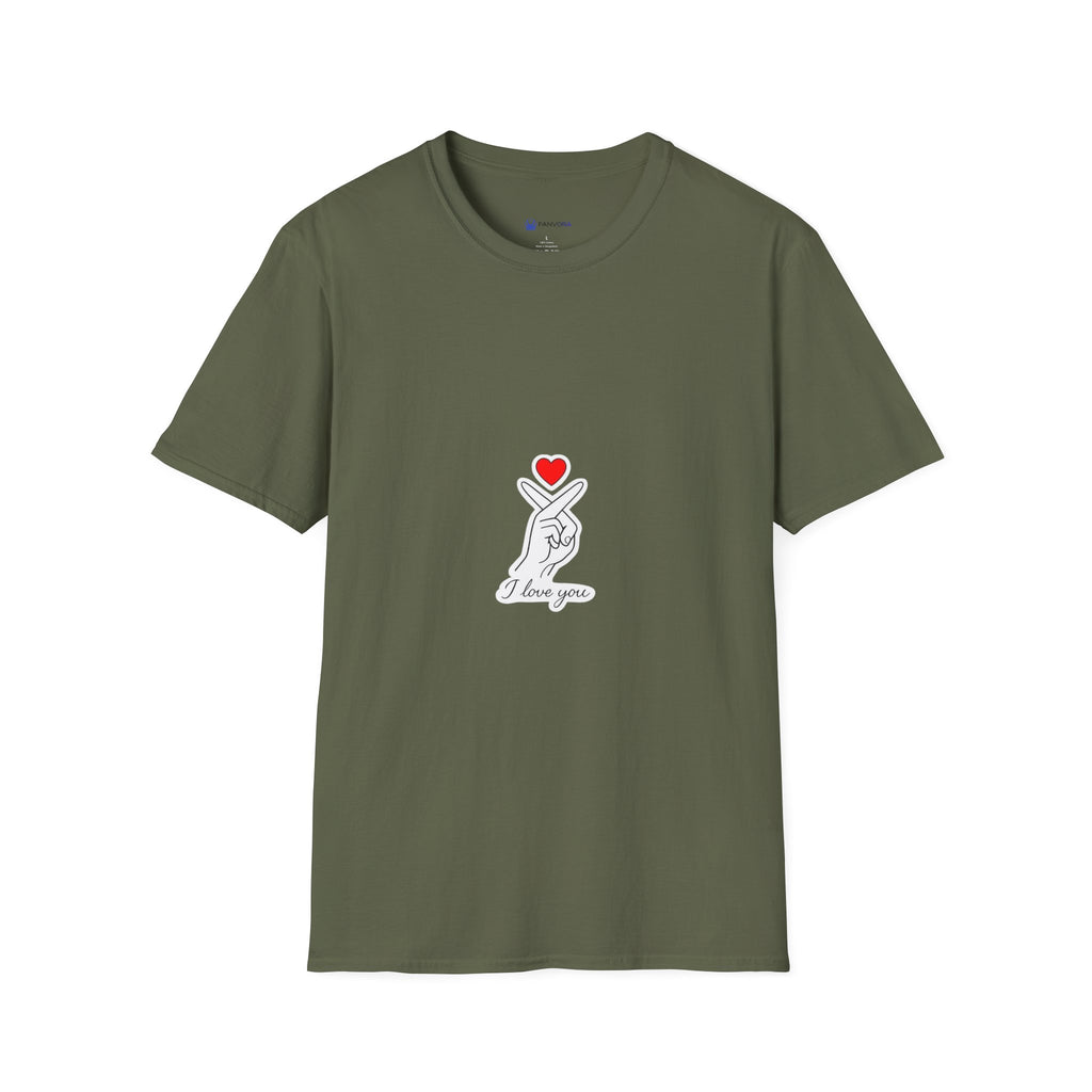T-Shirt — Minimal Korean Finger Heart Design with 'I Love You' Pocket Graphic