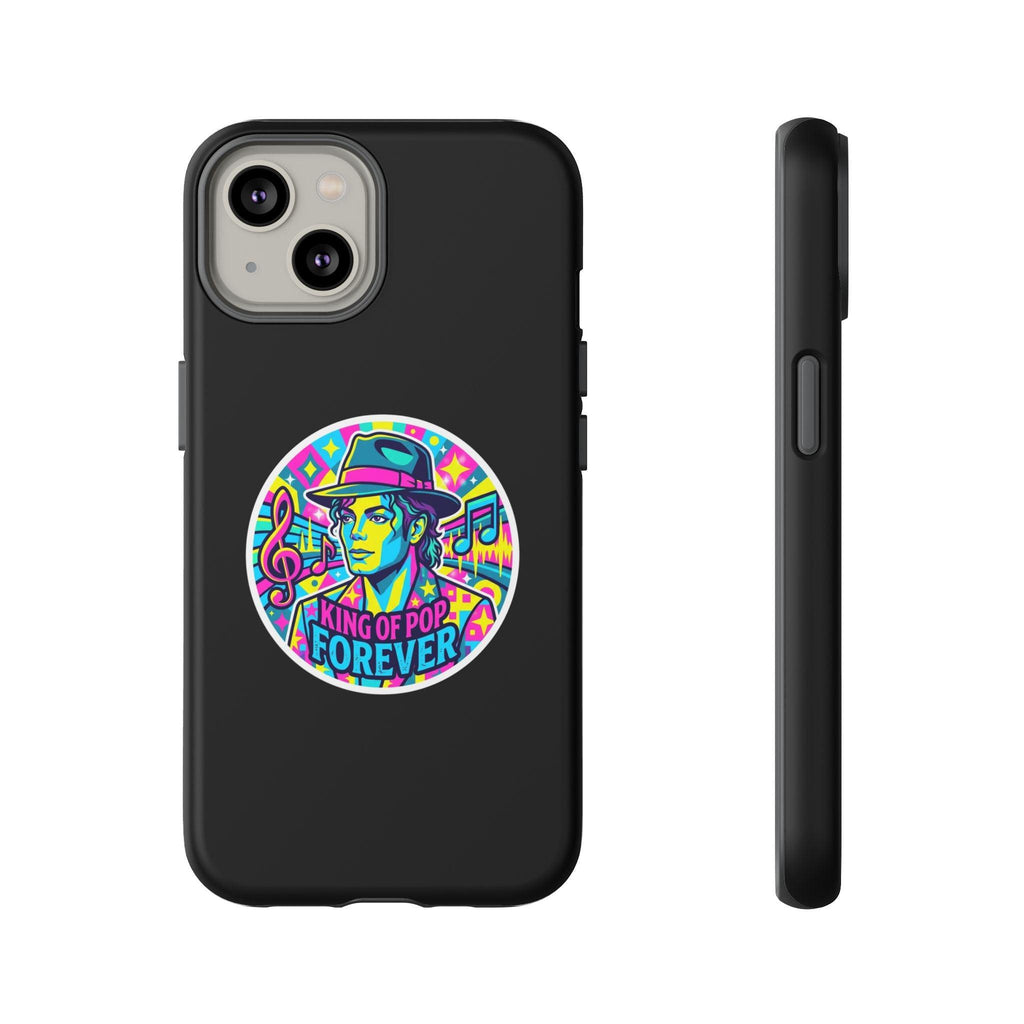Matte Black iPhone Tough Cases 12 to 17 Pro Max  — "King of Pop Forever" Retro Pop Art Phone Case.