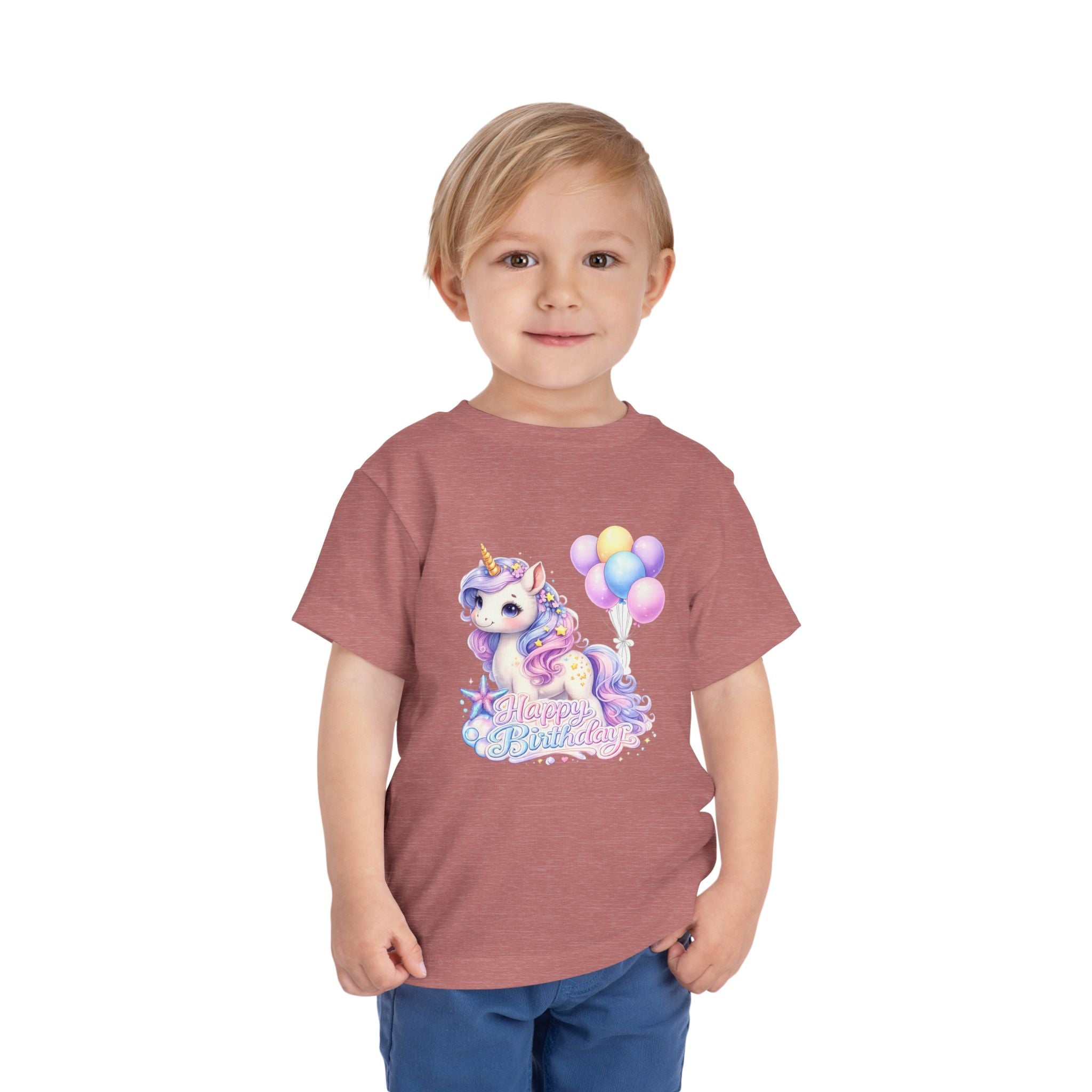 Toddler Tee — Pastel Unicorn "Happy Birthday" Shirt with Balloons