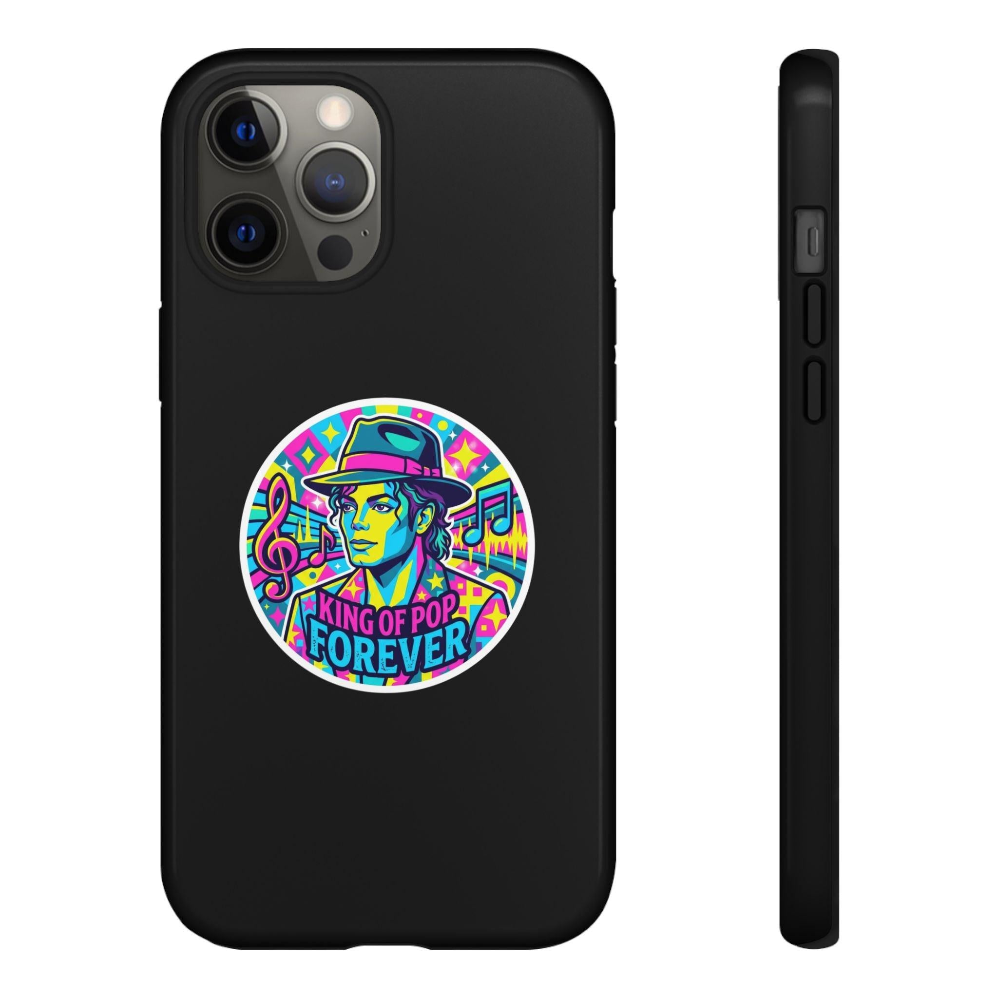 Matte Black iPhone Tough Cases 12 to 17 Pro Max  — "King of Pop Forever" Retro Pop Art Phone Case.