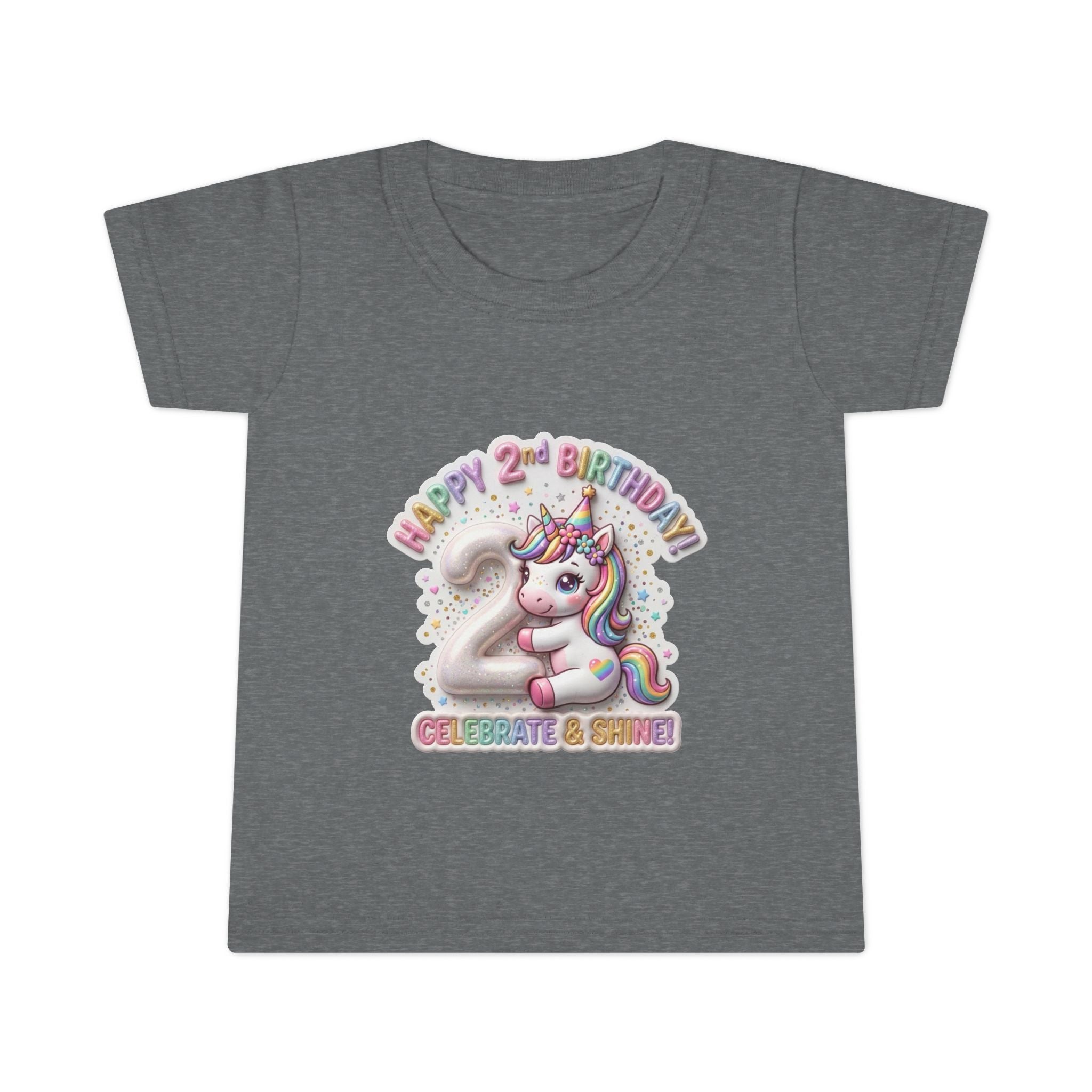 Toddler T-shirt — "Happy 2nd Birthday" Unicorn Celebrate & Shine
