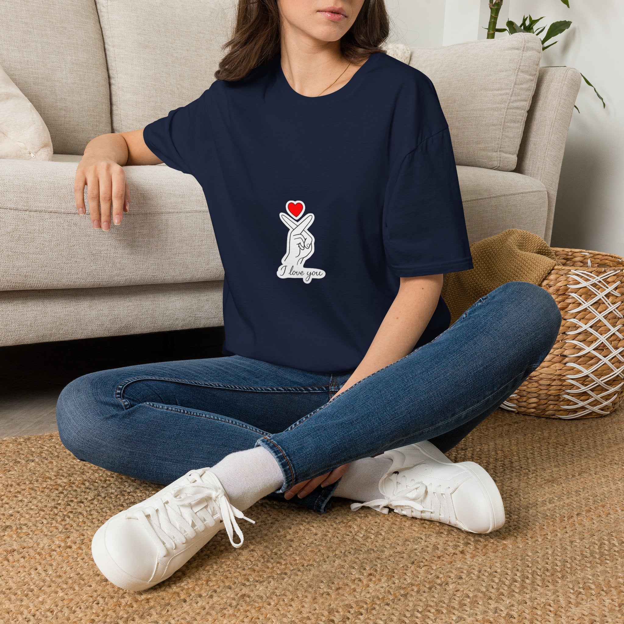 T-Shirt — Minimal Korean Finger Heart Design with 'I Love You' Pocket Graphic