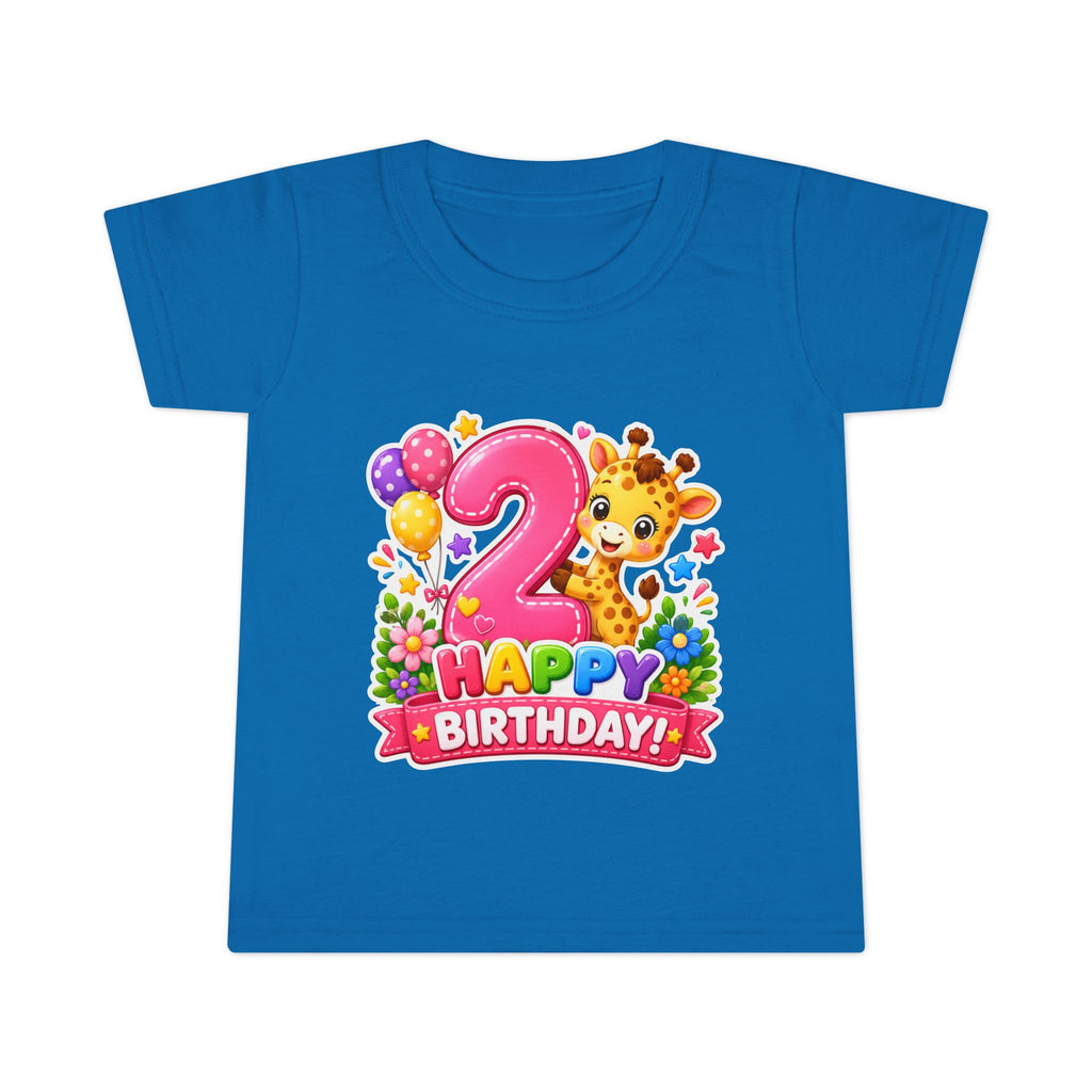 2nd Birthday Toddler T-Shirt — Cute Giraffe "Happy Birthday" Design