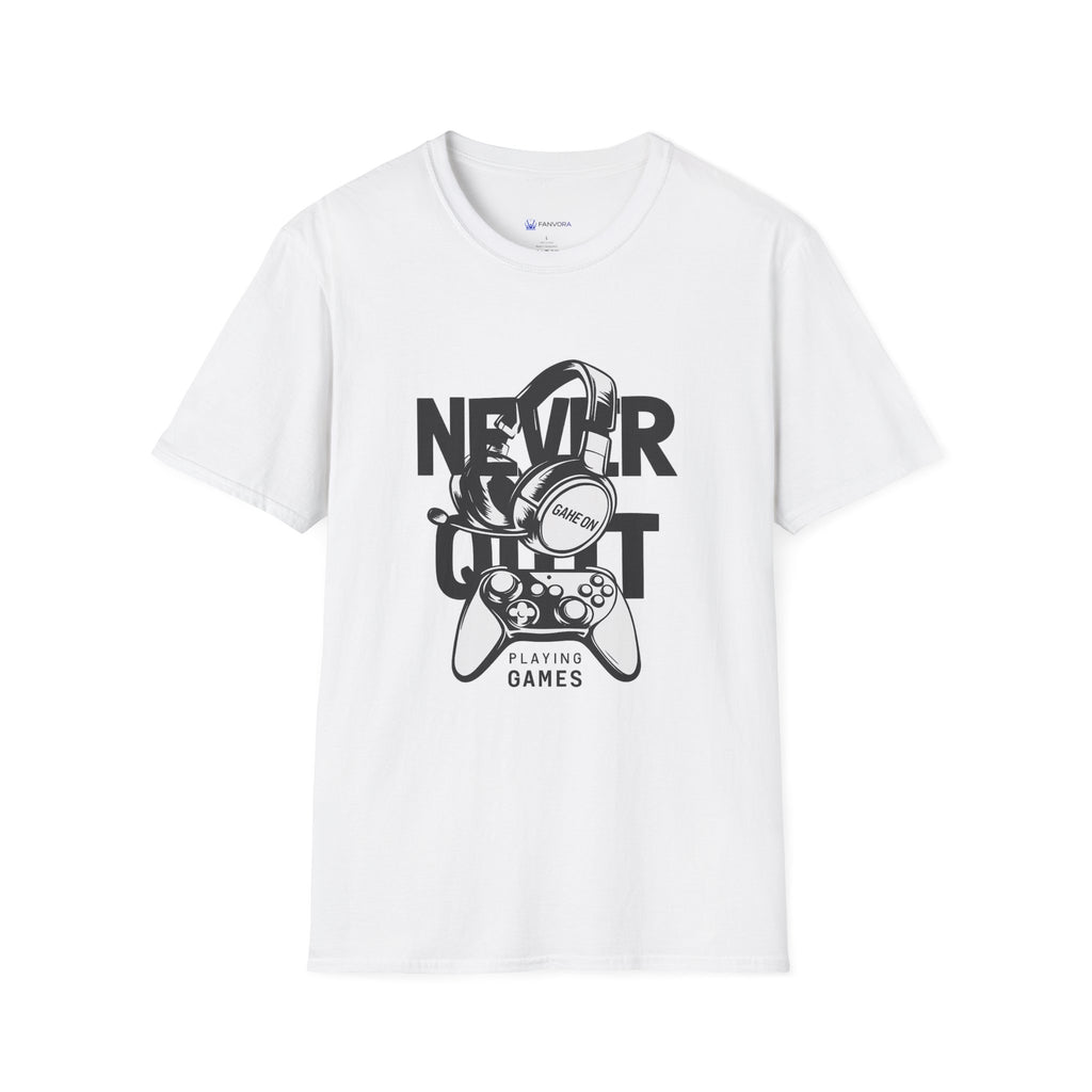 Gamer 'Never Quit' T-Shirt — Headphones & Controller Retro Gaming Tee
