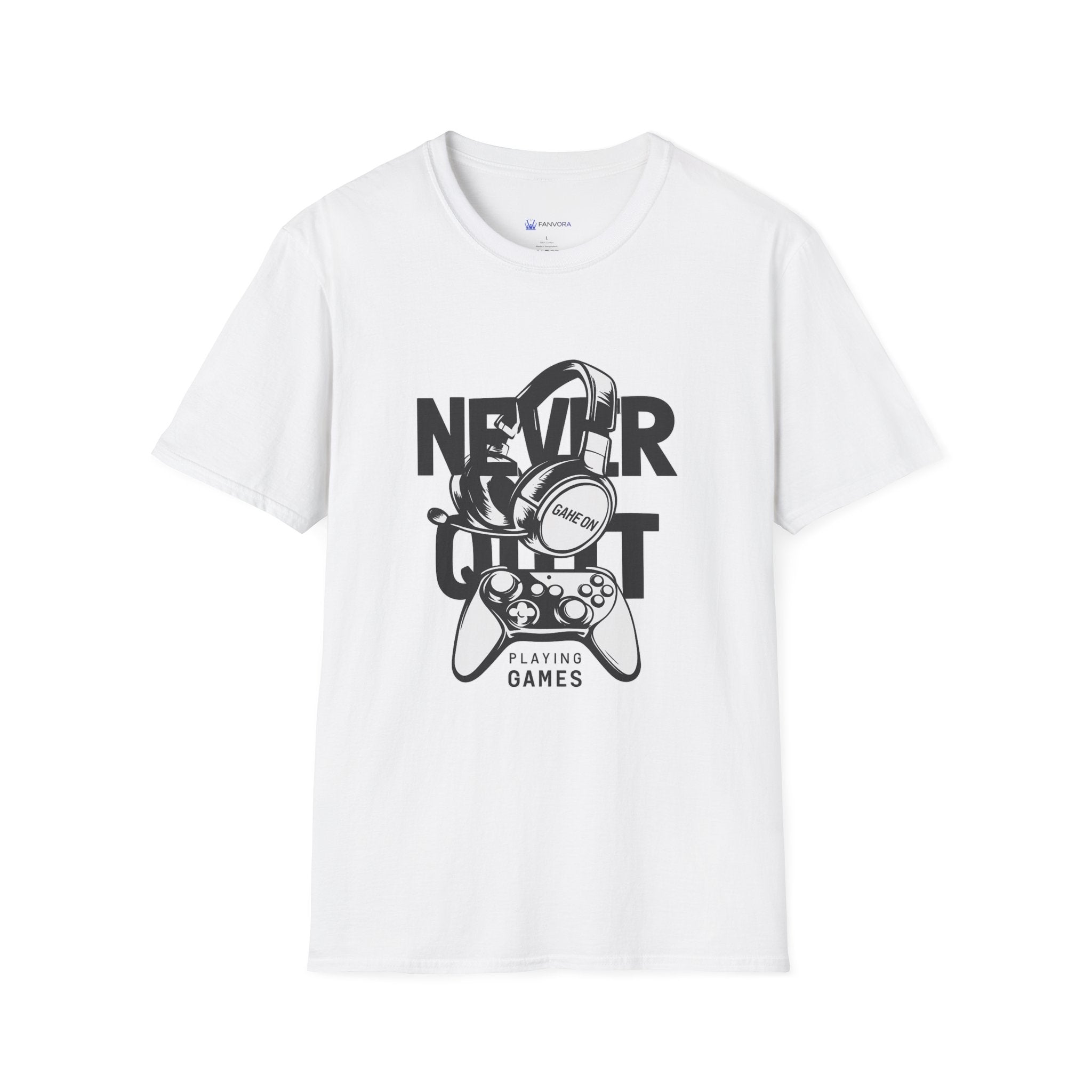 Gamer 'Never Quit' T-Shirt — Headphones & Controller Retro Gaming Tee
