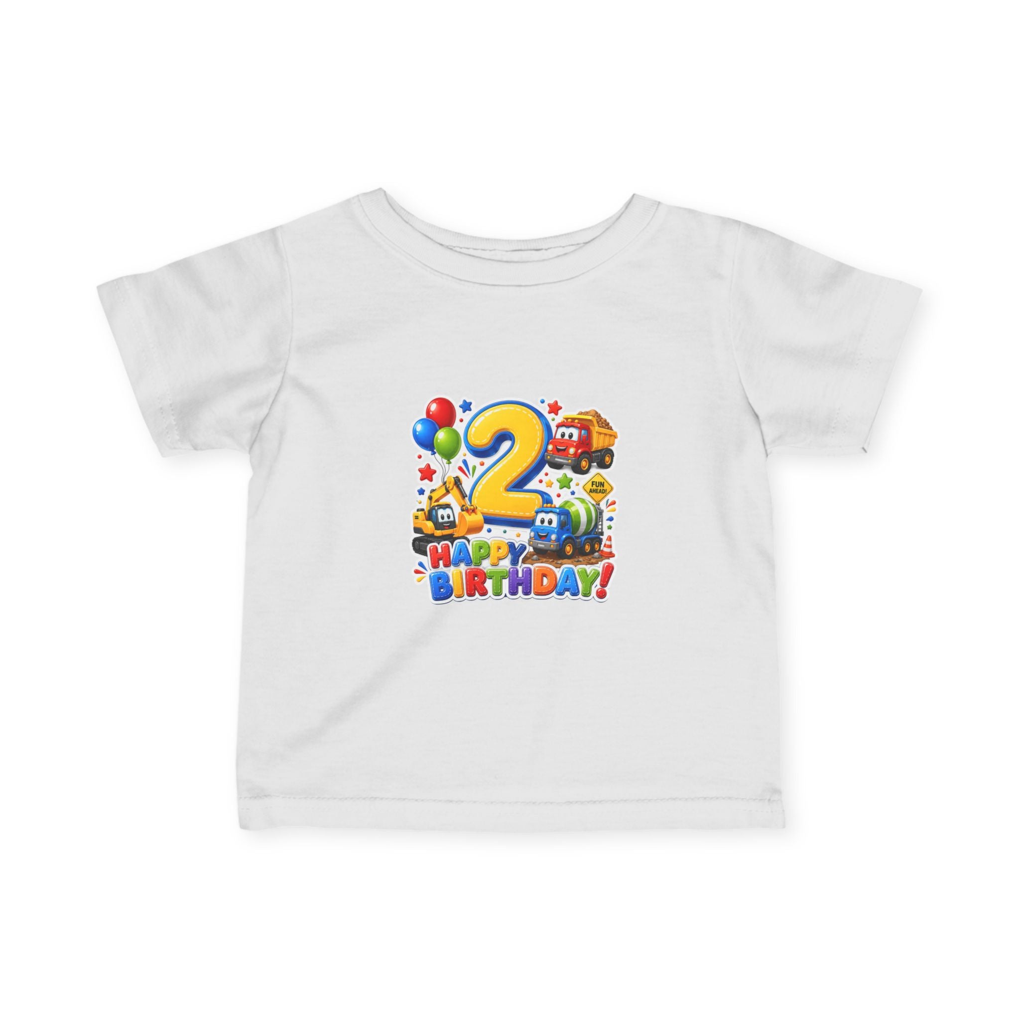 2nd Birthday Infant Tee — Colorful Trucks, Balloons & 'Happy Birthday' Design