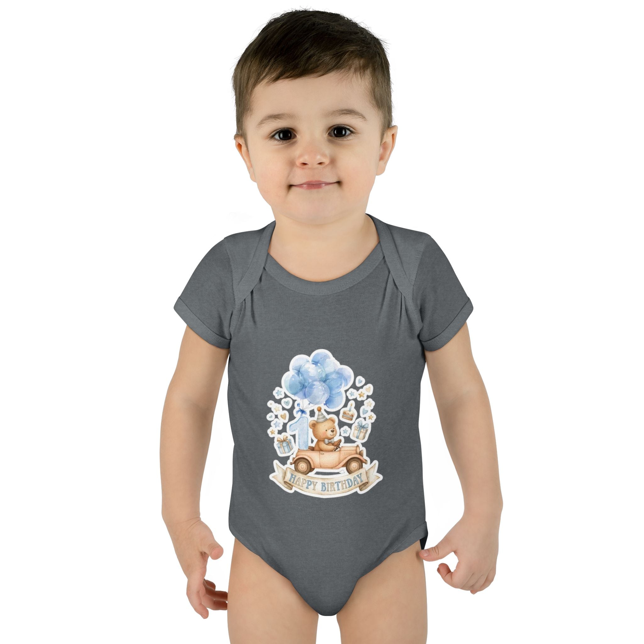 Baby Bodysuit - Blue Teddy Bear with Balloons "Happy Birthday" Infant Onesie