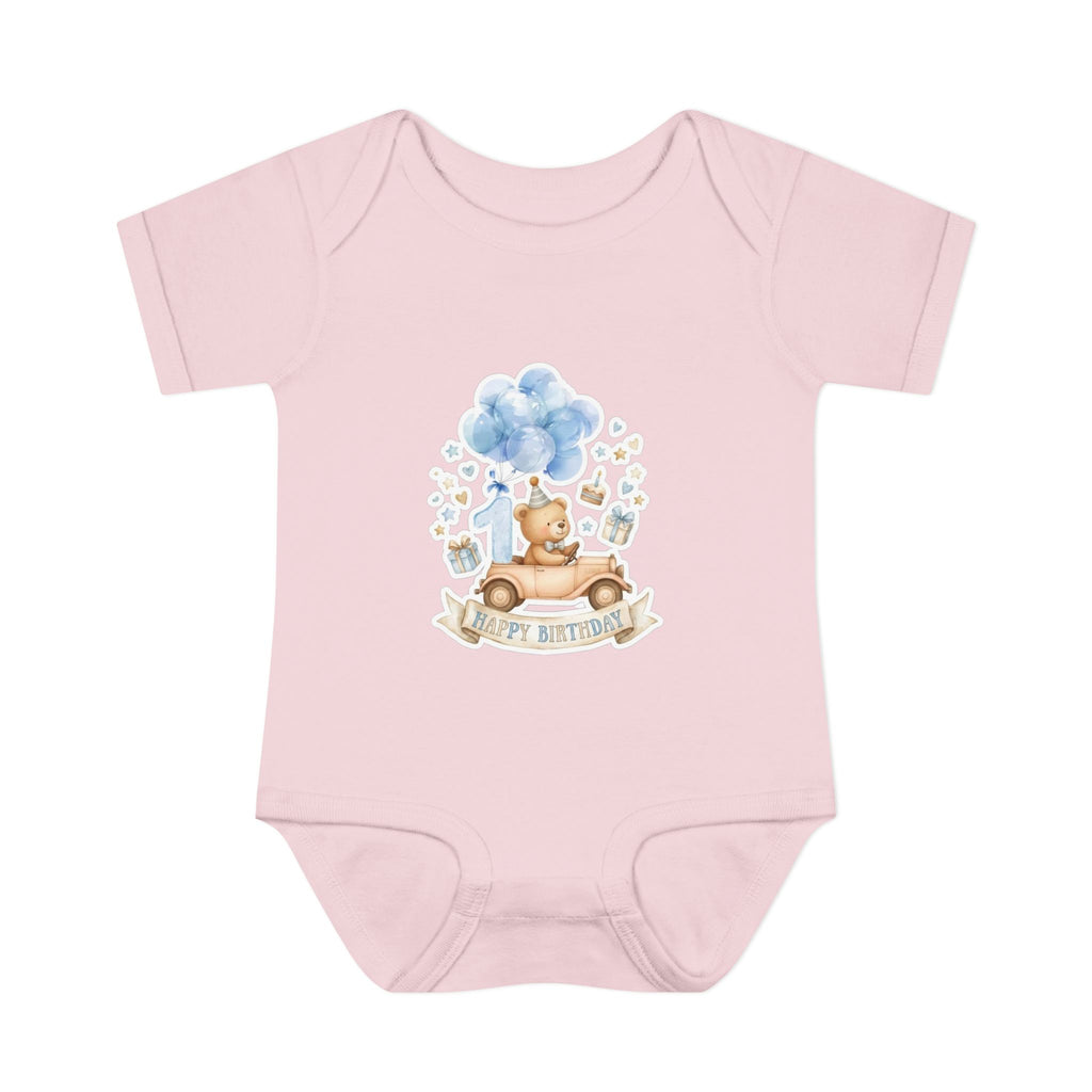 Baby Bodysuit - Blue Teddy Bear with Balloons "Happy Birthday" Infant Onesie