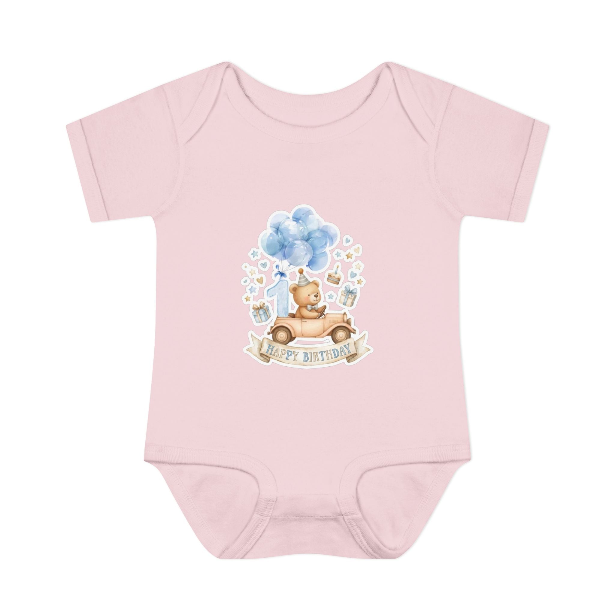 Baby Bodysuit - Blue Teddy Bear with Balloons "Happy Birthday" Infant Onesie