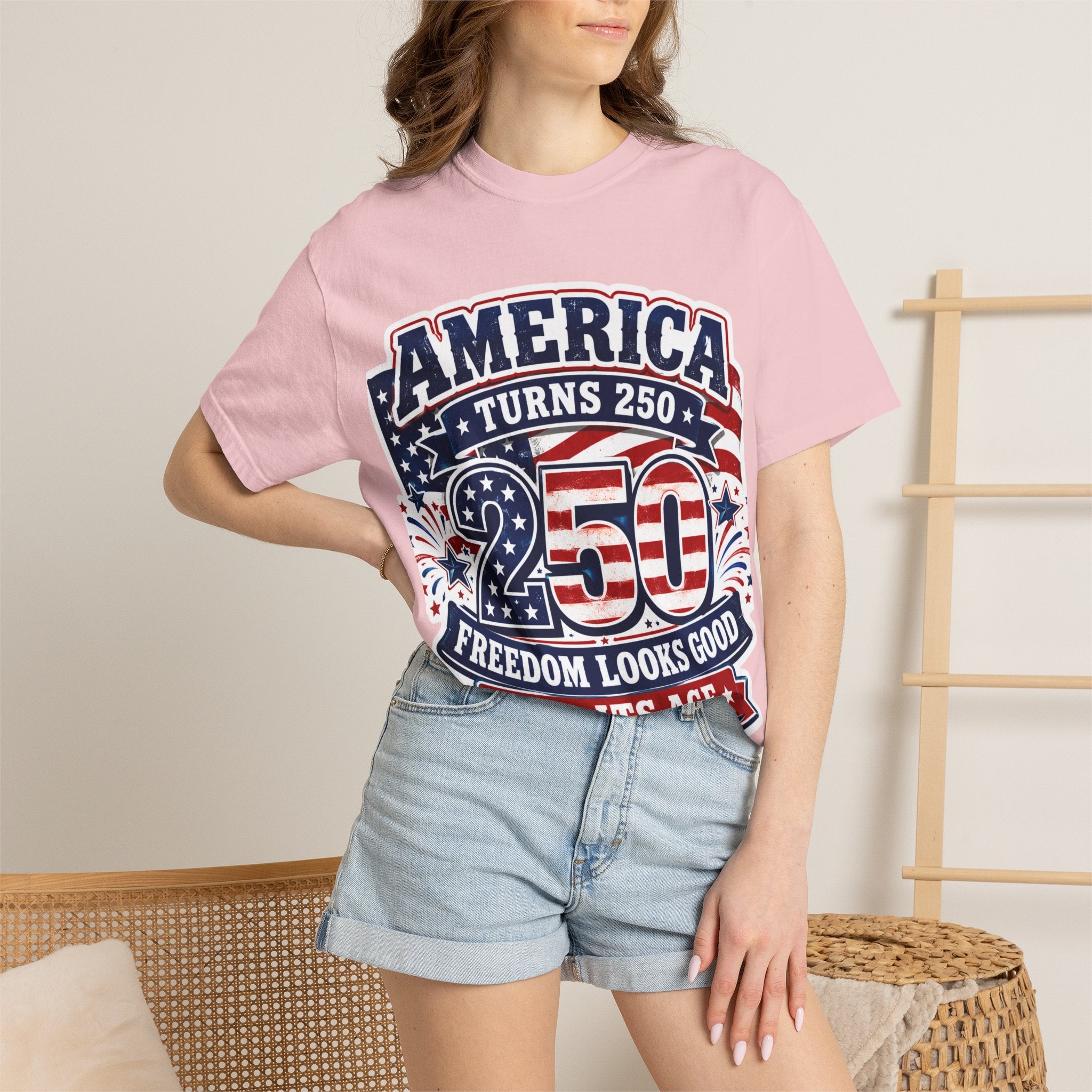 America Turns 250 T-Shirt – "Freedom Looks Good For Its Age" Patriotic 4th of July Tee