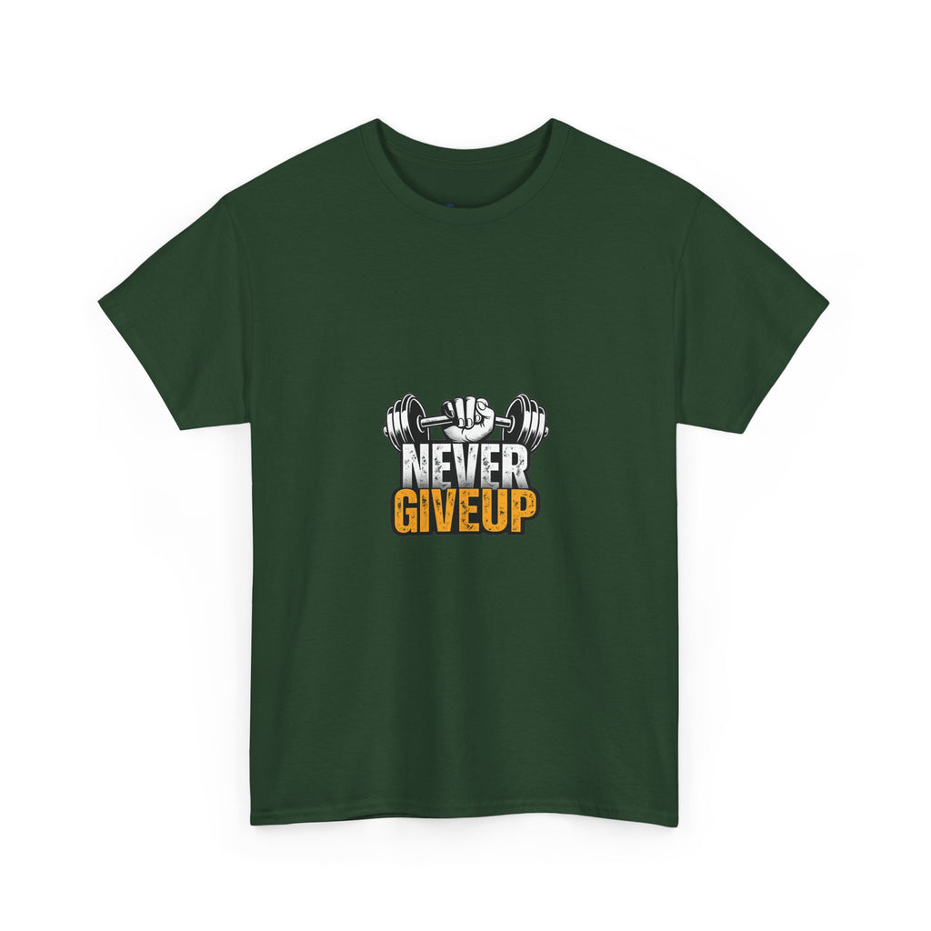 Never Give Up Fitness T-Shirt — Motivational Gym Tee with Dumbbell Graphic