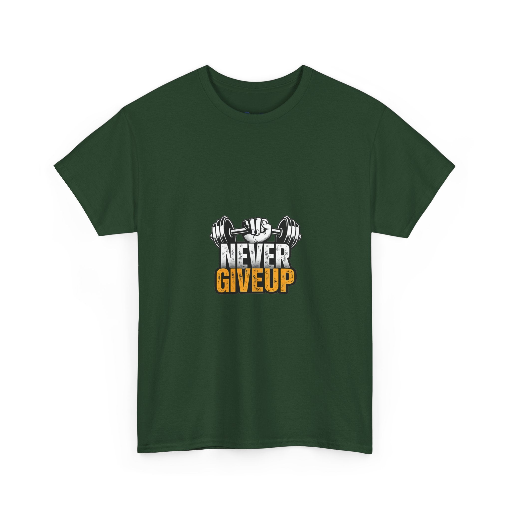 Never Give Up Fitness T-Shirt — Motivational Gym Tee with Dumbbell Graphic