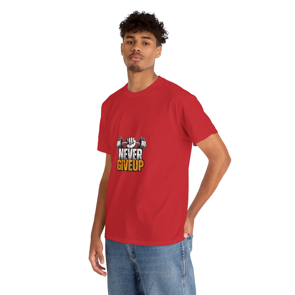 Never Give Up Fitness T-Shirt — Motivational Gym Tee with Dumbbell Graphic