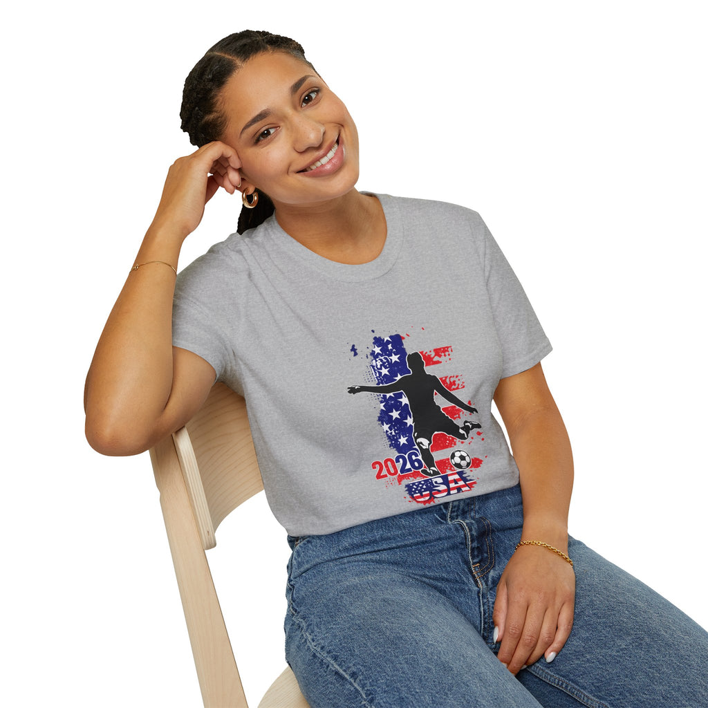 USA Soccer Player Silhouette T-Shirt — American Flag Soccer 2026 Fan Tee