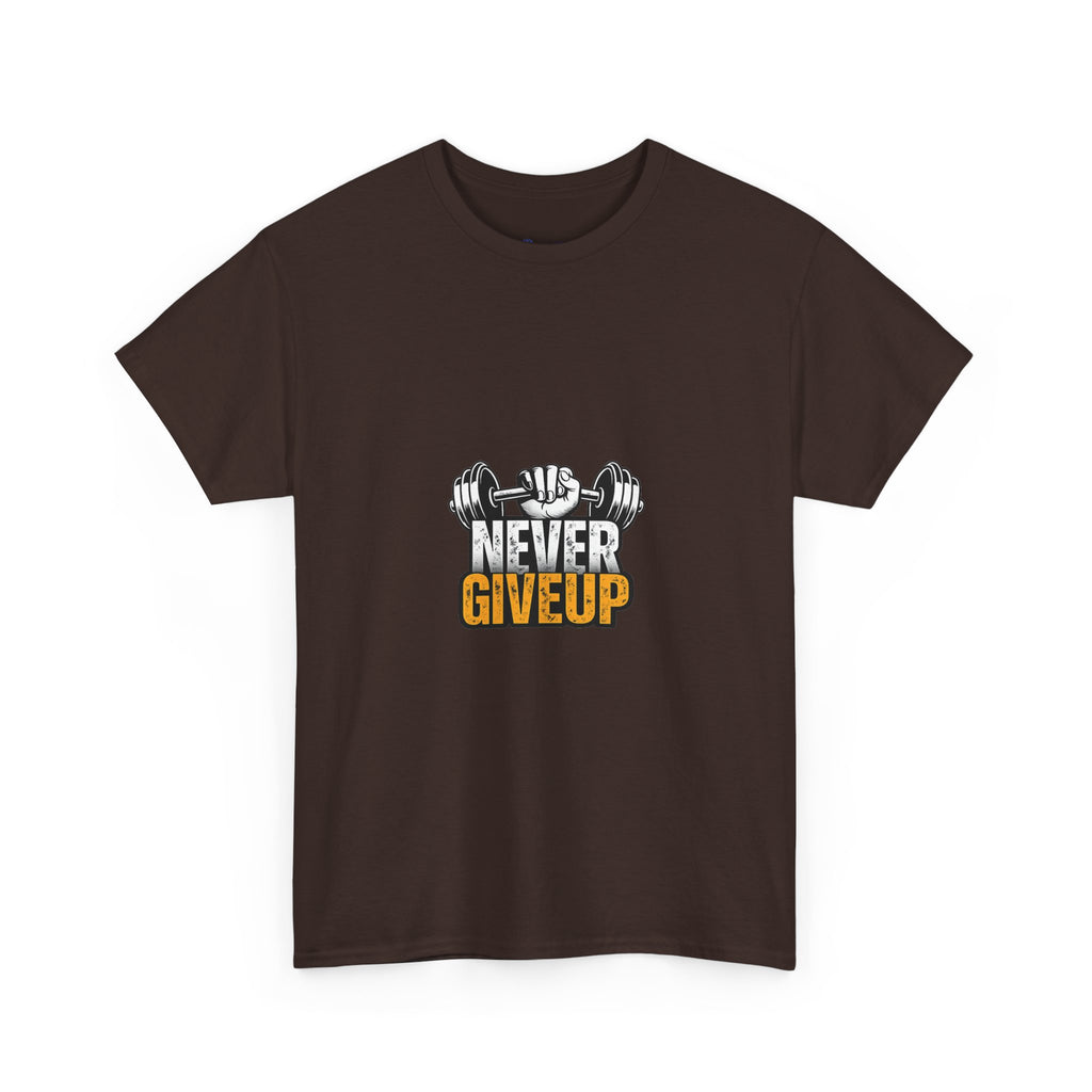 Never Give Up Fitness T-Shirt — Motivational Gym Tee with Dumbbell Graphic