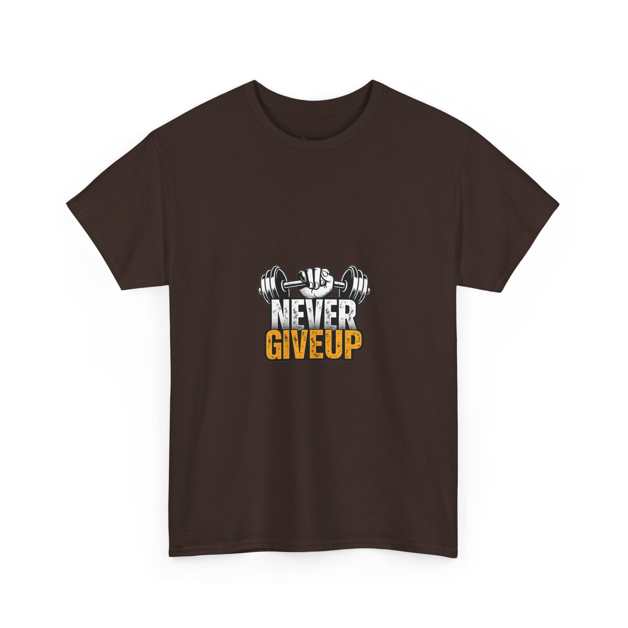 Never Give Up Fitness T-Shirt — Motivational Gym Tee with Dumbbell Graphic