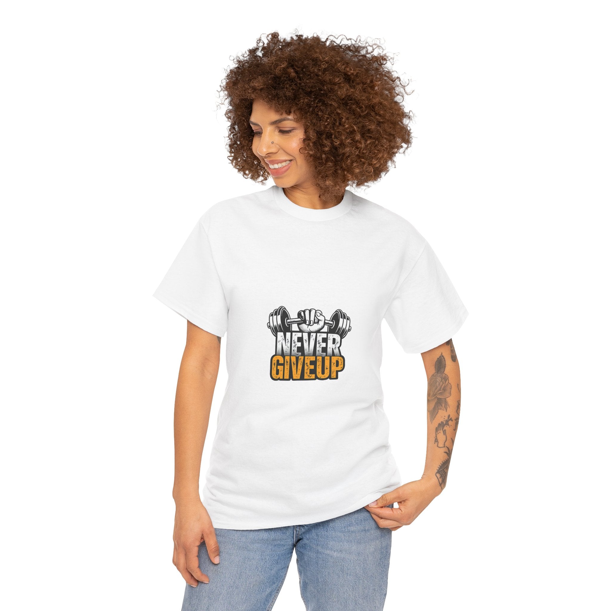 Never Give Up Fitness T-Shirt — Motivational Gym Tee with Dumbbell Graphic