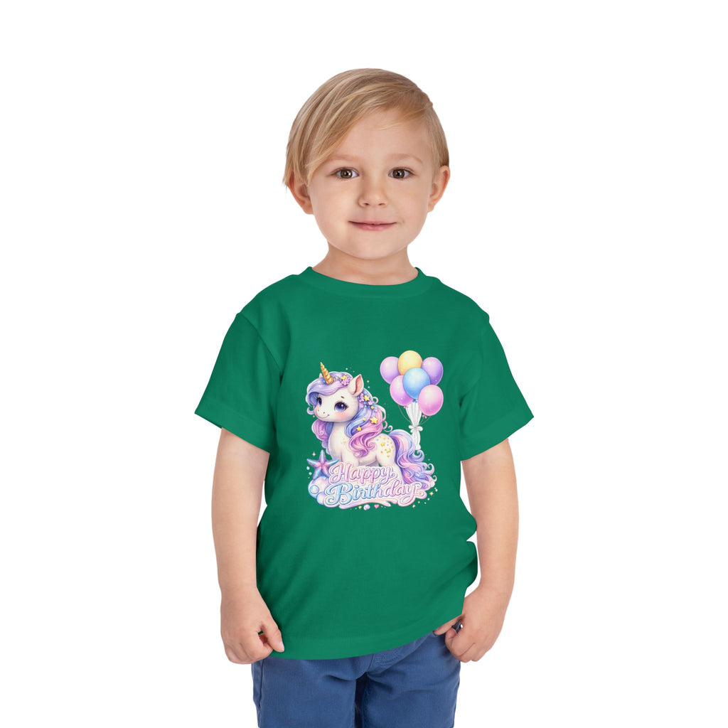 Toddler Tee — Pastel Unicorn "Happy Birthday" Shirt with Balloons