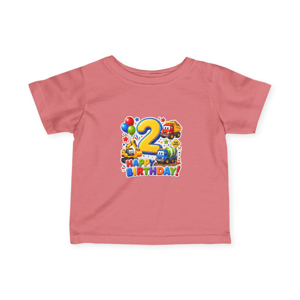 2nd Birthday Infant Tee — Colorful Trucks, Balloons & 'Happy Birthday' Design