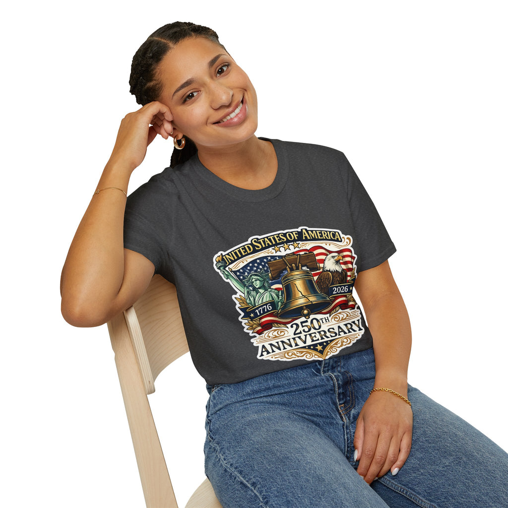 Patriotic USA 250th Anniversary T-Shirt — Liberty Bell, Eagle & Flag Design (1776–2026).