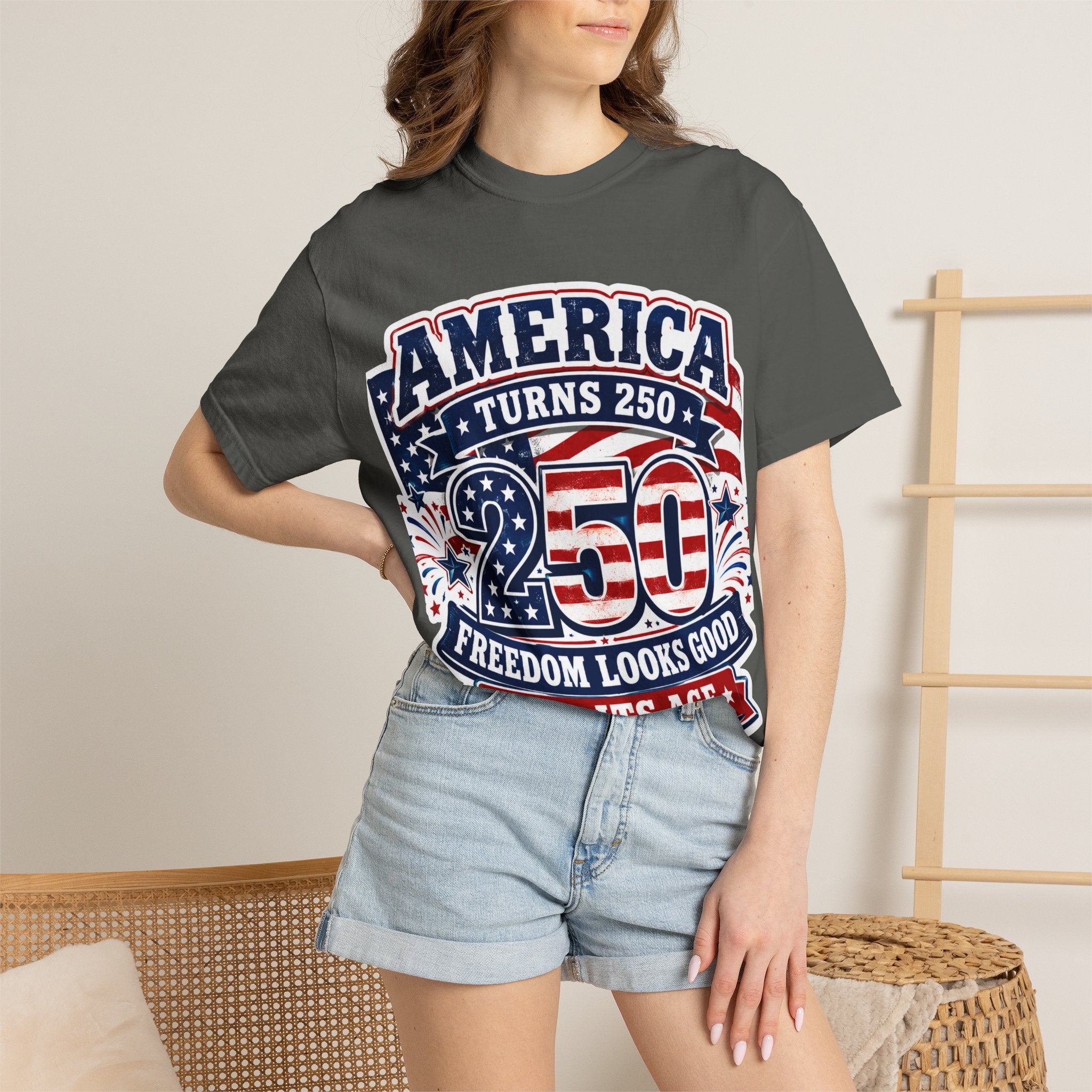 America Turns 250 T-Shirt – "Freedom Looks Good For Its Age" Patriotic 4th of July Tee