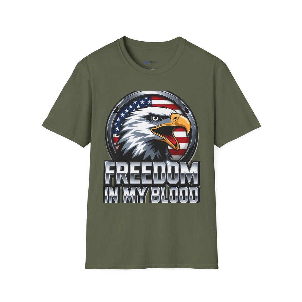Patriotic Eagle T-Shirt — 'Freedom in My Blood' American Flag Tee design.