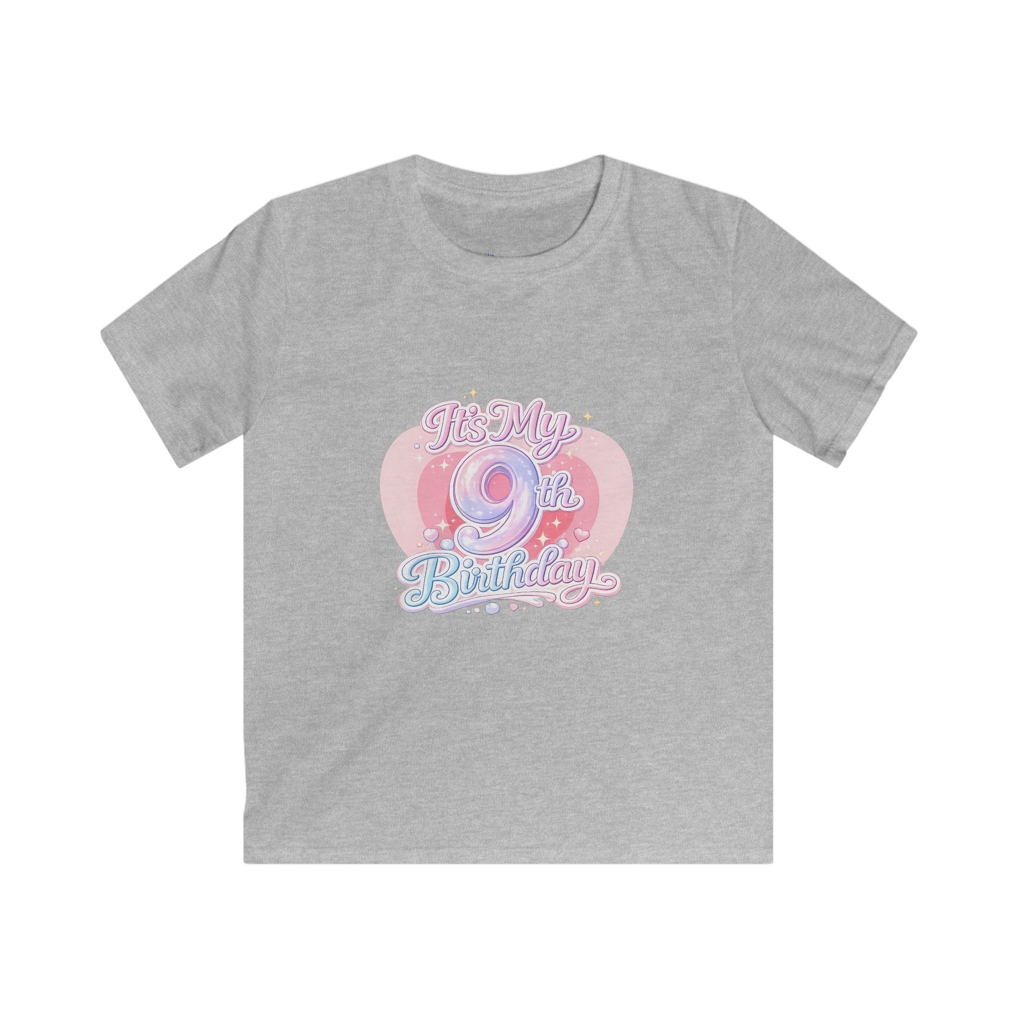 Kids 9th Birthday T‑Shirt - 'It's My 9th Birthday' Pink Heart Graphic Tee