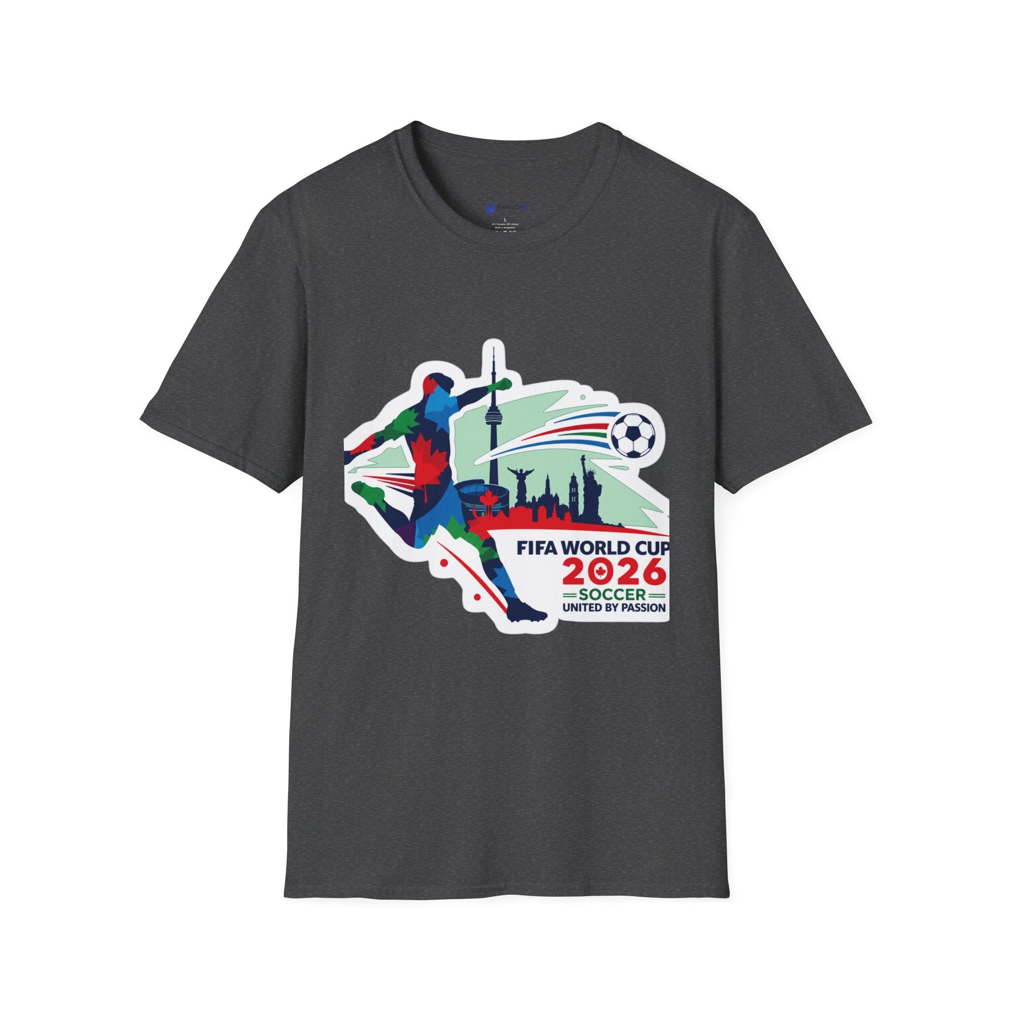 Soccer Cup 2026 T-Shirt — Colorful Player Silhouette with Stadium Skyline