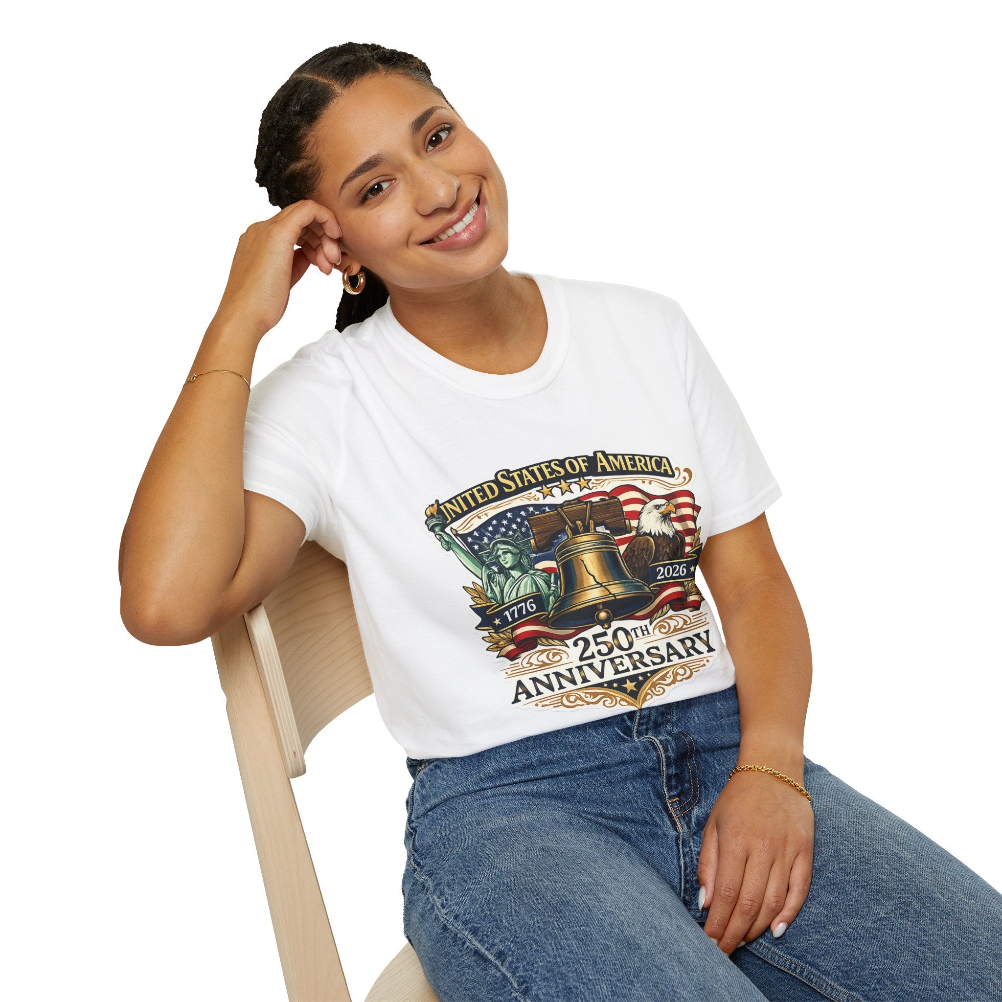 Patriotic USA 250th Anniversary T-Shirt — Liberty Bell, Eagle & Flag Design (1776–2026).