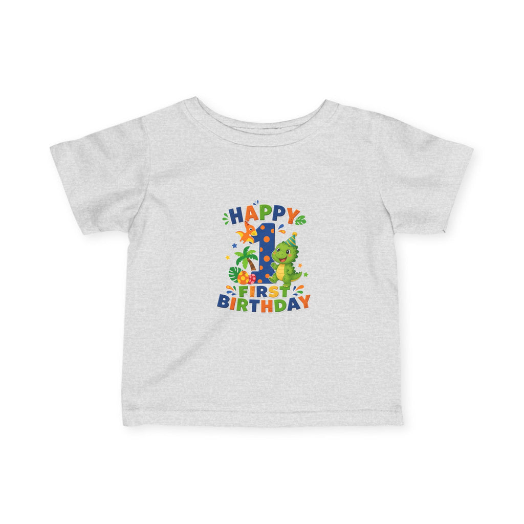 Happy 1st Birthday Infant Tee — Colorful Dino First Birthday Shirt